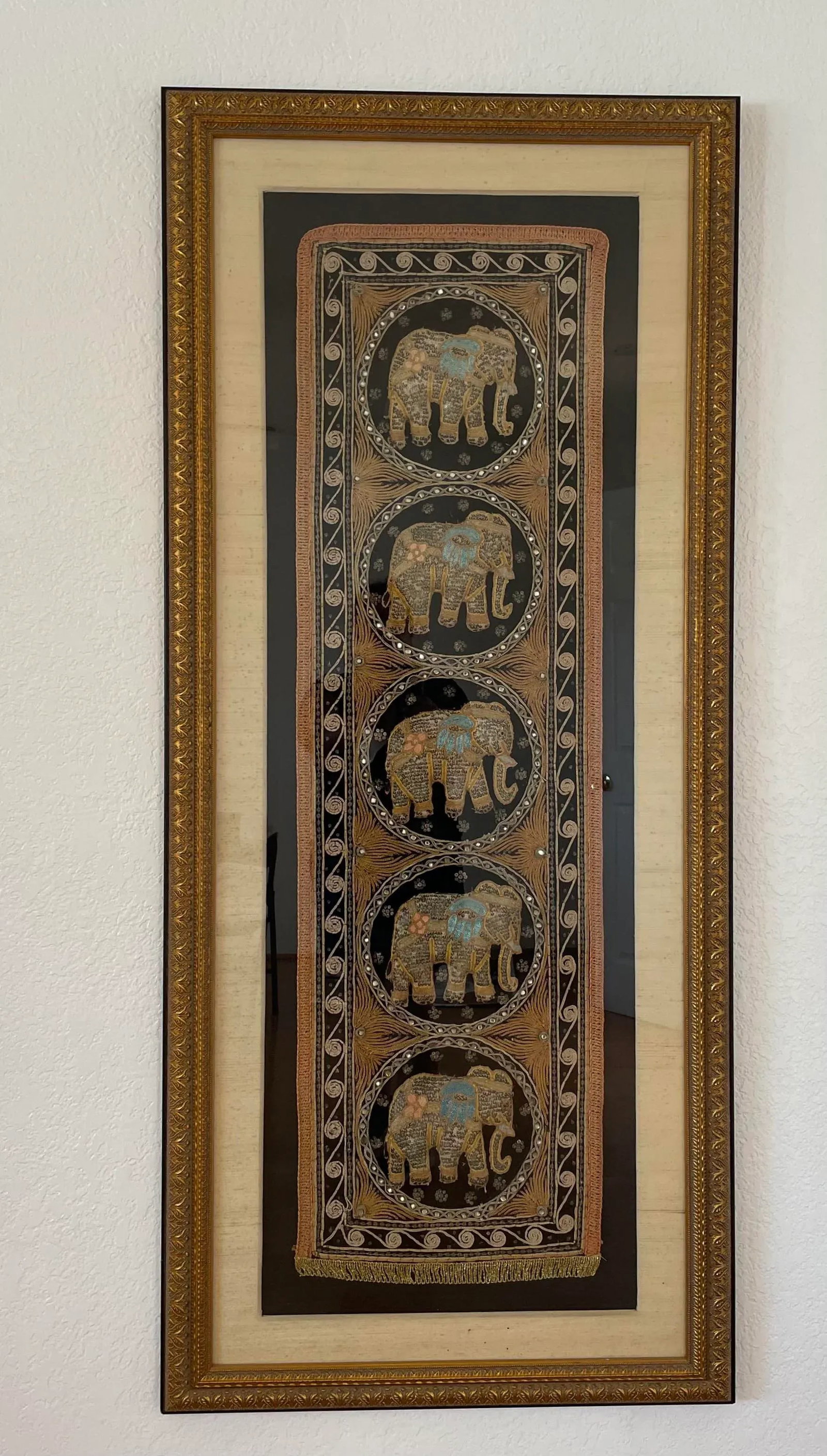 Burmese Kalaga Elephant Silk Tapestry Wall Hanging Framed Textile Art 62"h - 3