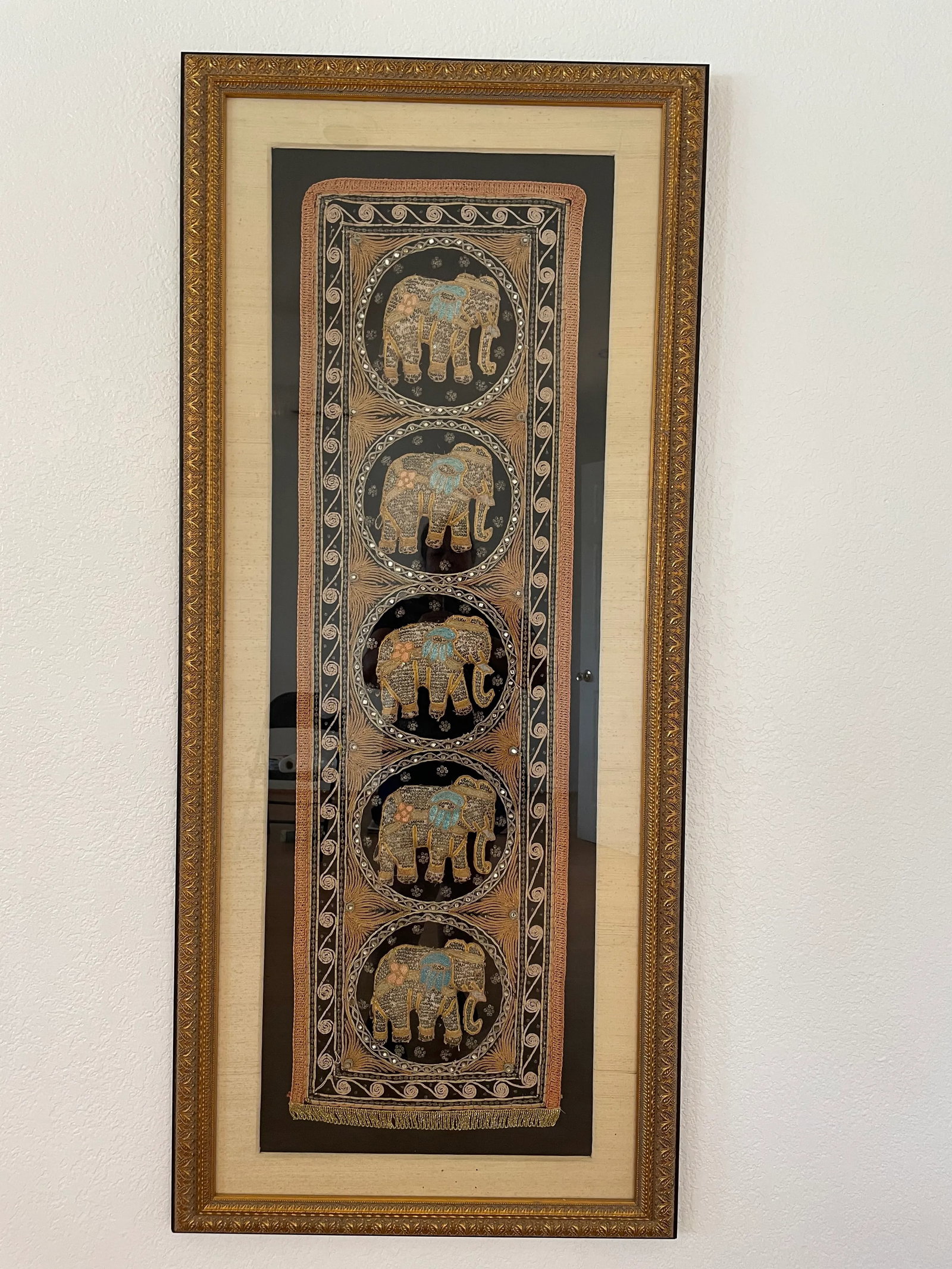 Burmese Kalaga Elephant Silk Tapestry Wall Hanging Framed Textile Art 62"h - 4
