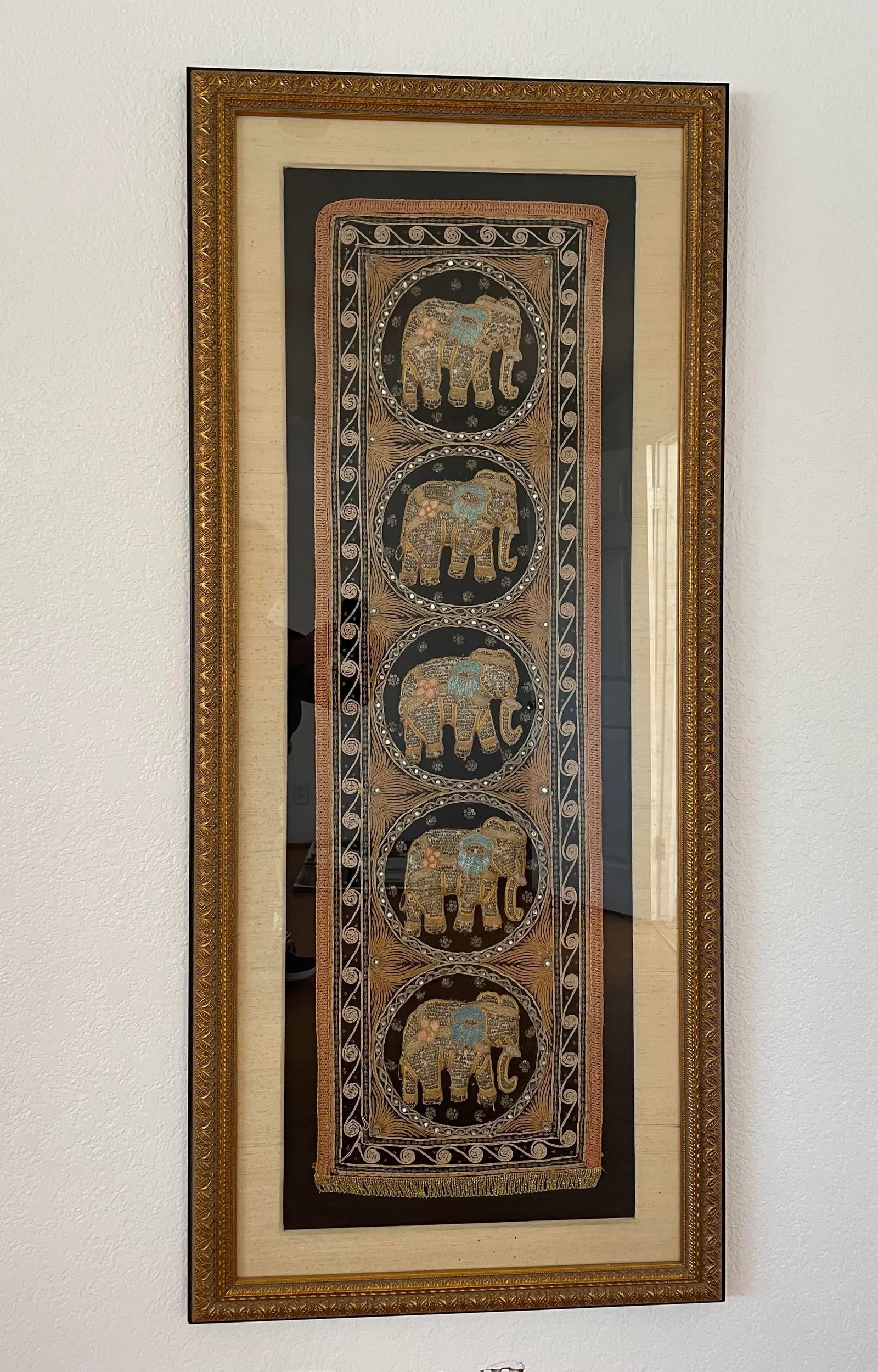 Burmese Kalaga Elephant Silk Tapestry Wall Hanging Framed Textile Art 62"h - 5