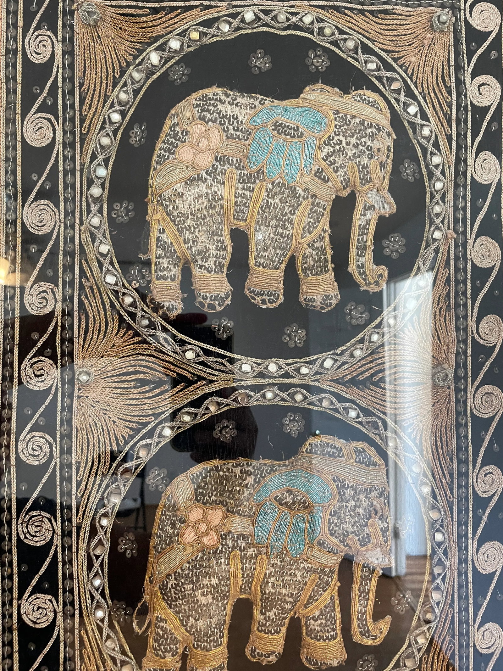 Burmese Kalaga Elephant Silk Tapestry Wall Hanging Framed Textile Art 62"h - 6