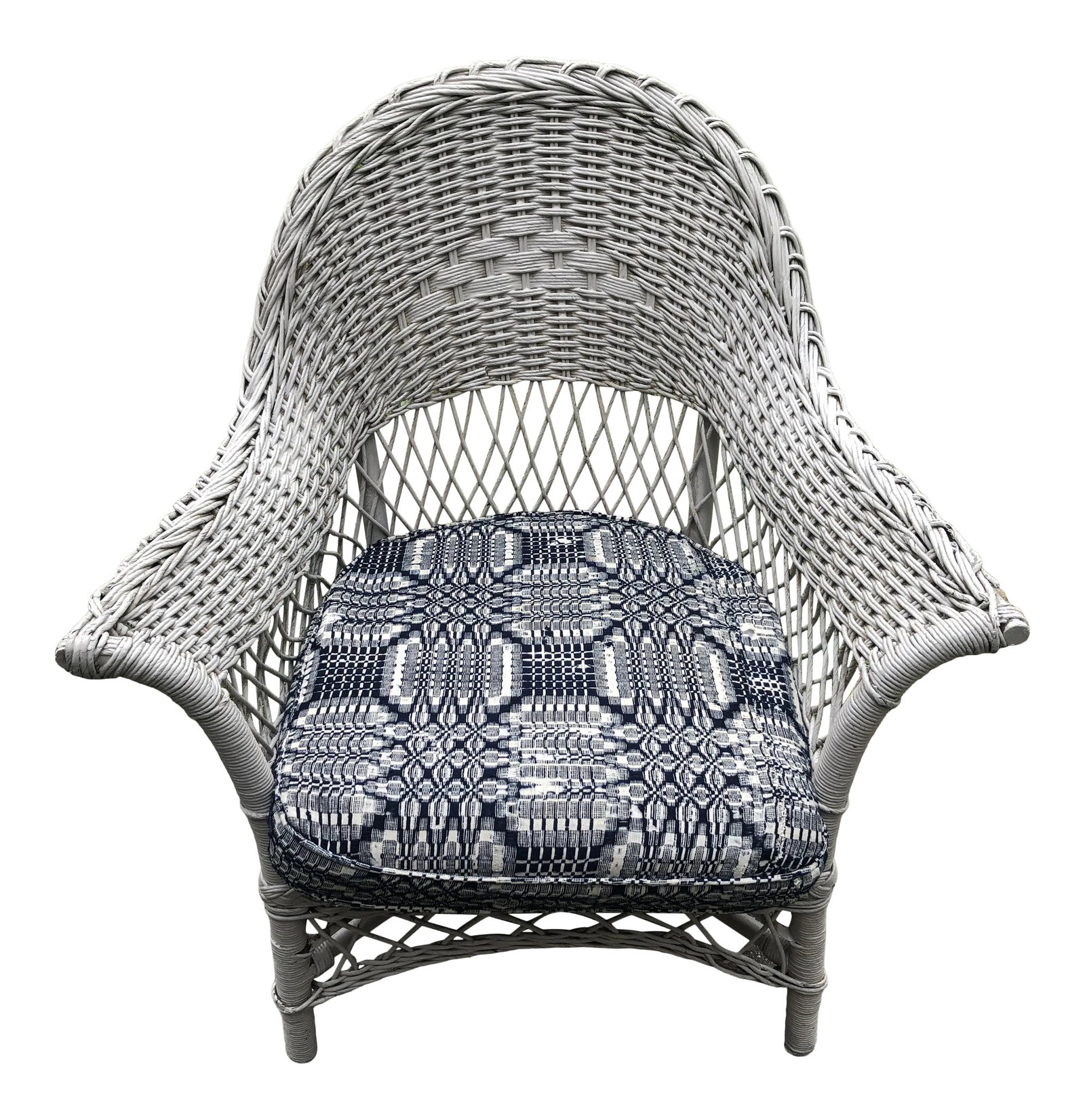 Vintage White Wicker Chair With Vintage Coverlet Cushion (1 of 11)
