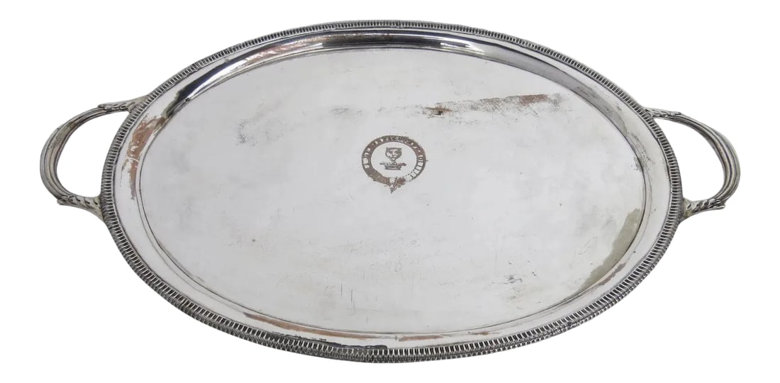 Early 19th Century Oval Serving Tray Lion Armorial Family Crest: Sheffield oval serving tray with wonderful lion armorial. Side handles. Measures 21 1/2" by 13". Has some use marks and some wear to fused plate Condition: Alterations: Unknown Imperfections: Some Imp