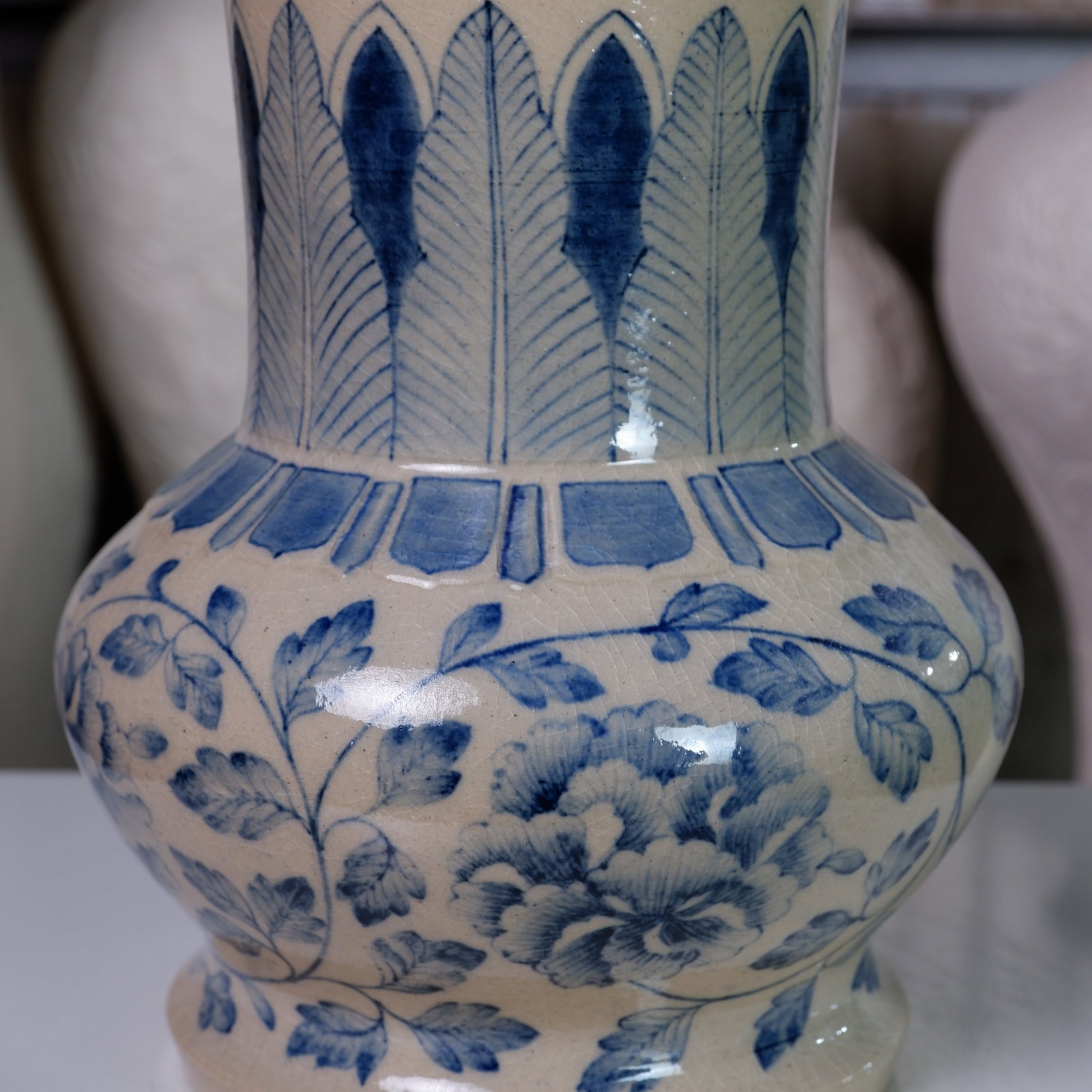 Hand-Painted Blue & Ivory Floral Baluster Vase by Pottery 12, Hanoi Studio Art Ceramic - 2