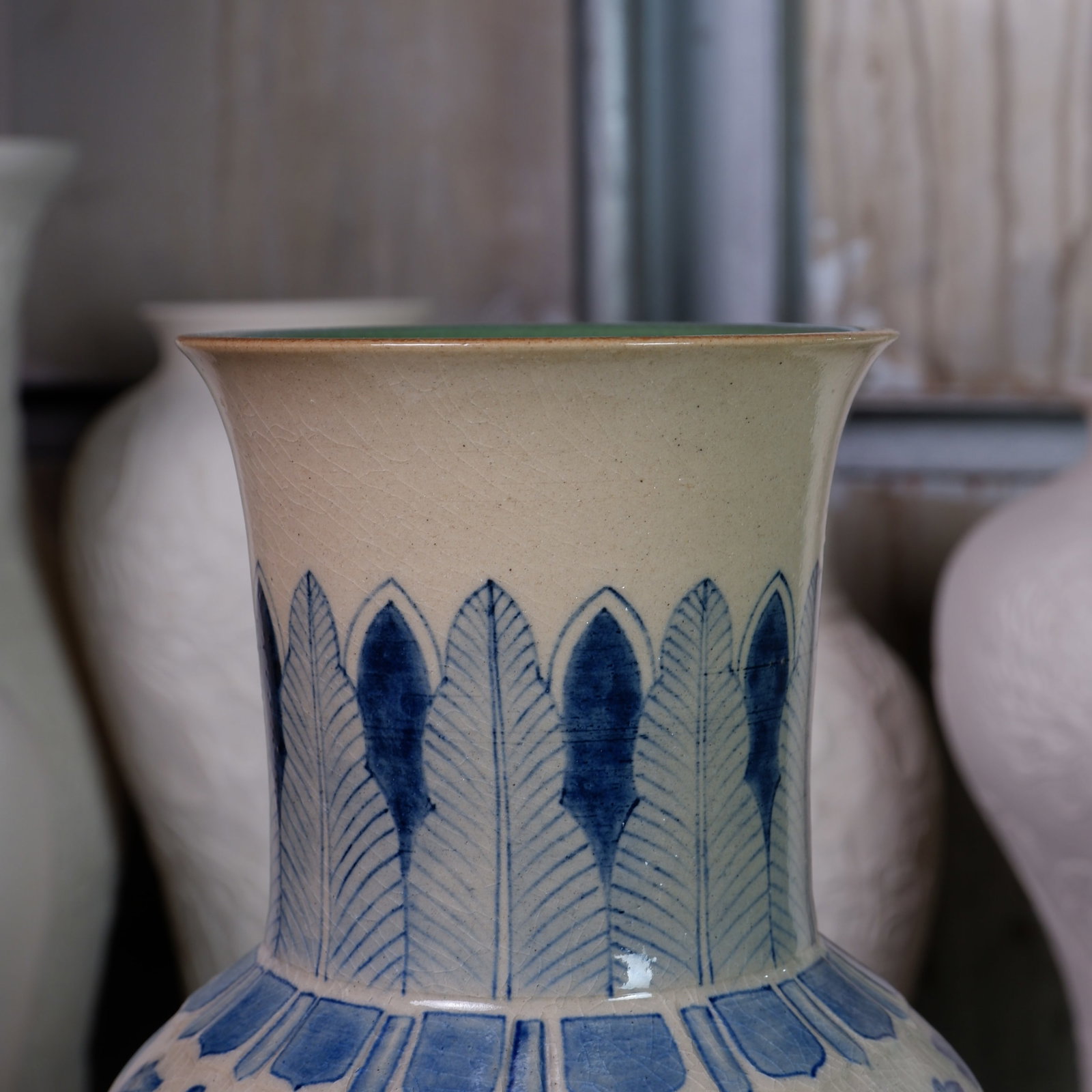 Hand-Painted Blue & Ivory Floral Baluster Vase by Pottery 12, Hanoi Studio Art Ceramic - 3