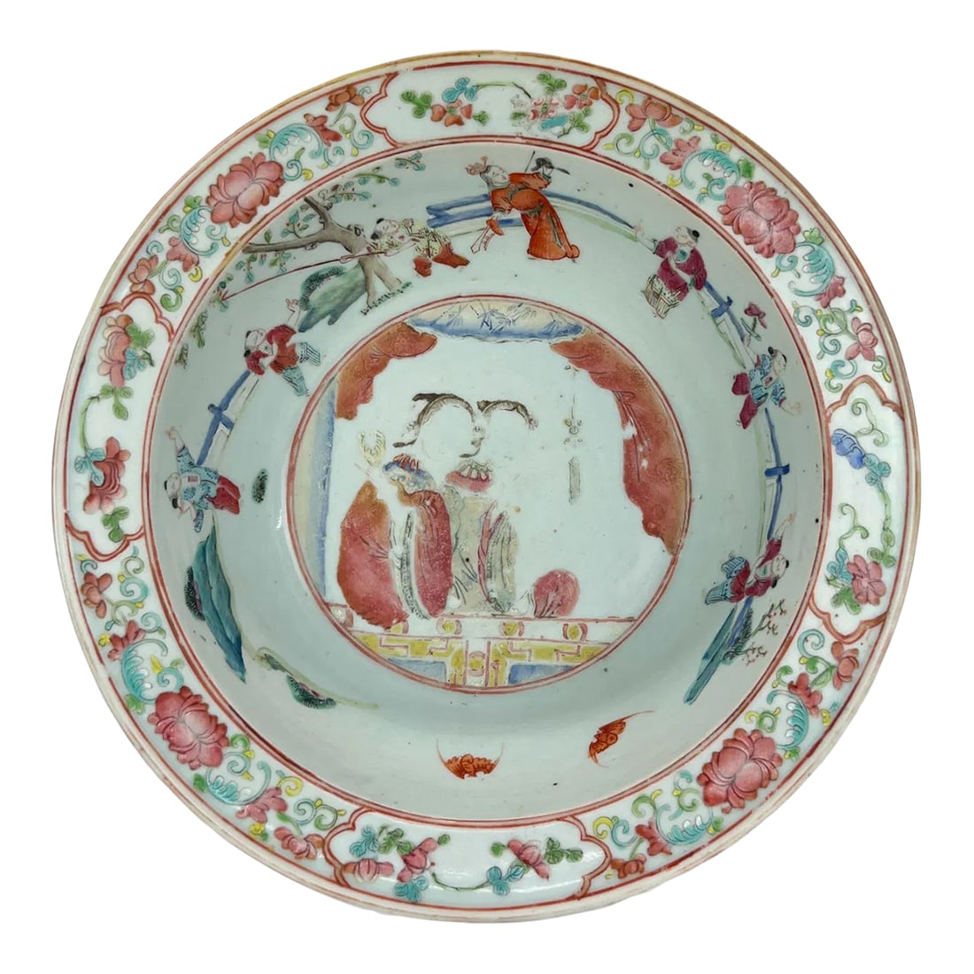 Antique Chinese Export Qing Famille Rose Wash Bowl: Large porcelain bowl with colorful enamel depicting floral and figural decorations from the Qing Dynasty (1644-1911). Some paint loss as shown. No chips, cracks, or repairs. Condition: Alterations: Or