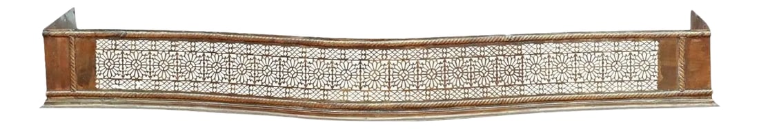 Large 18th/19th Century English Brass Fireplace Fender: A large, over five foot long, antique Georgian pierced brass fireplace hearth fender with beautifully aged patina. Create a stunning focal point with this beautiful ornament! Hand-crafted in England, 