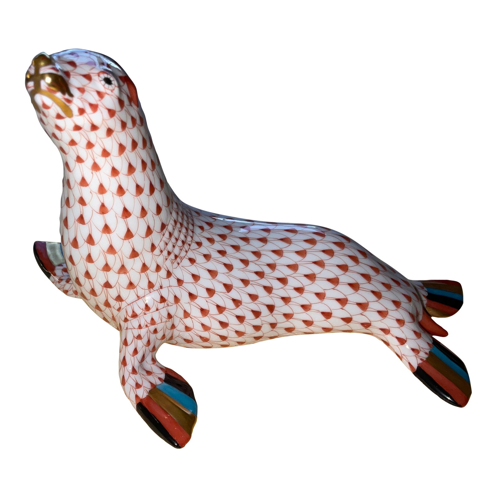 Herend Rust Fishnet Seal: Herend Rust Fishnet Seal 15366. Measuring 6 7/8" long by 41/8" high Condition: Alterations: Original Condition Unaltered Imperfections: Some Imperfections Condition Notes: Very good Origin: Hungary