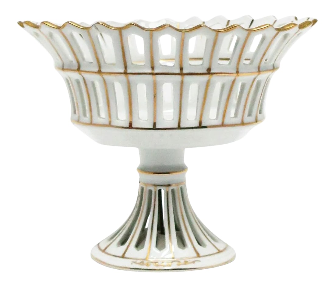 French White and Gold Pierced Porcelain Compote Basket: A beautiful French oval white and gold pierced Paris Porcelain compote basket tazza bowl in the Empire style, circa late 19th century, France. Marked and numbered on bottom as show in images #17 and