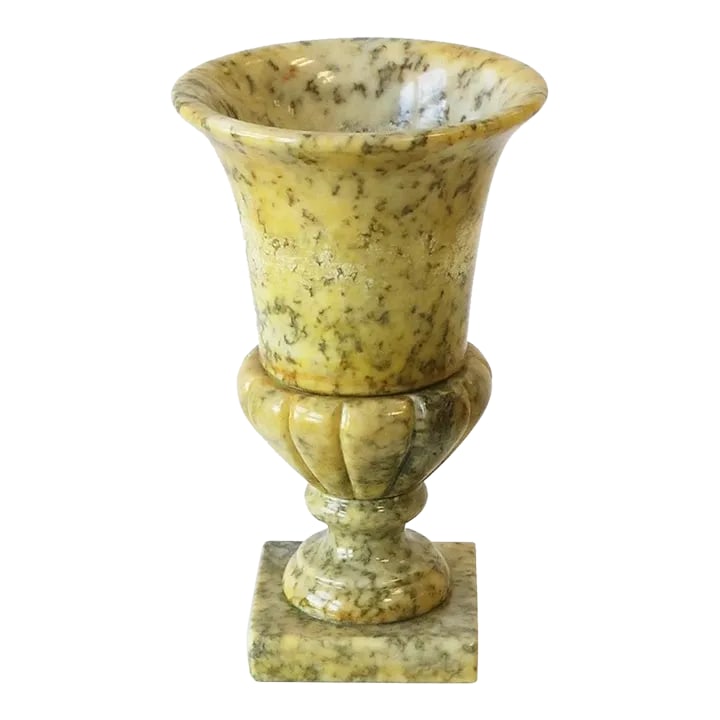 Italian Neoclassical Urn Alabaster Marble Table Lamp, Mid 20th Century: An Italian urn form yellow alabaster marble table lamp in the neoclassical style, circa mid-20th century, Italy. Piece is marked on side, "Genuine Alabaster", "Hand-carved", "Made in Italy", as shown