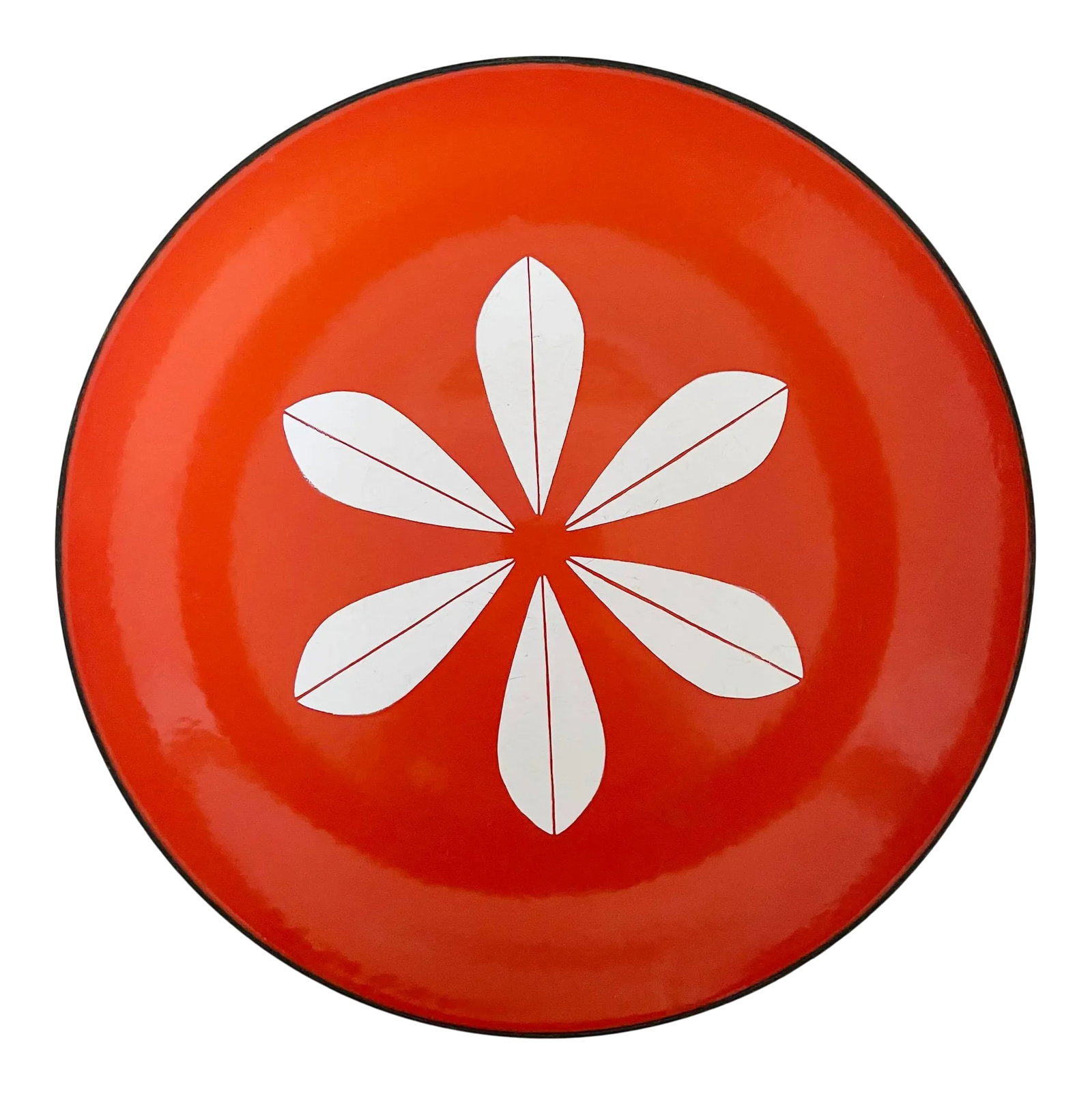 Cathrineholm 12" Lotus Platter, Orange: Classic large Cathrineholm Lotus Platter, in colorway orange. 12" / 31cm in diameter, the "orange" colorway is actually red-orange in hue -- a bright tomato red. This platter is a bold, graphic