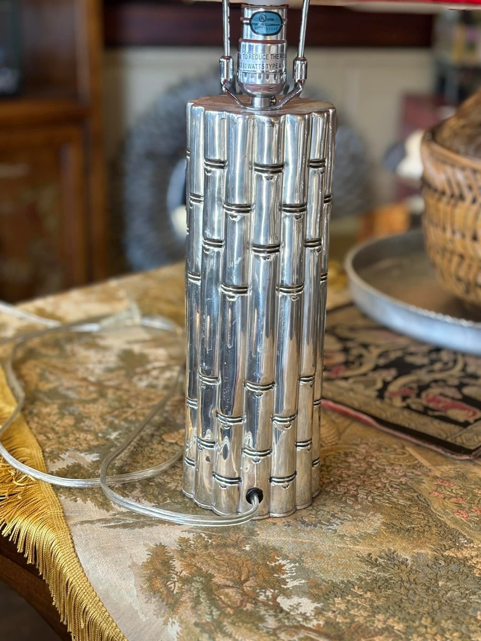 1960s Chrome Faux Bamboo Hollywood Regency Style Table Lamps With Red Shades - a Pair - 10