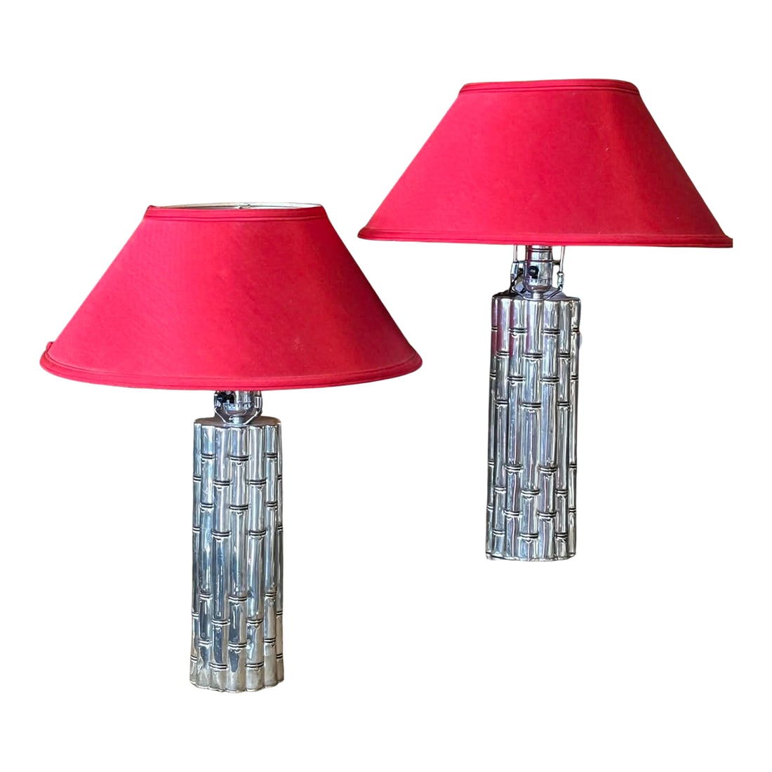 1960s Chrome Faux Bamboo Hollywood Regency Style Table Lamps With Red Shades - a Pair: Red hot pair of faux bamboo, regency style, high-quality chrome table lamps with cherry red shades. 12" to top of base 22" to top of finial 15" to top of socket Shades: 18" bottom circumference, 7.5"