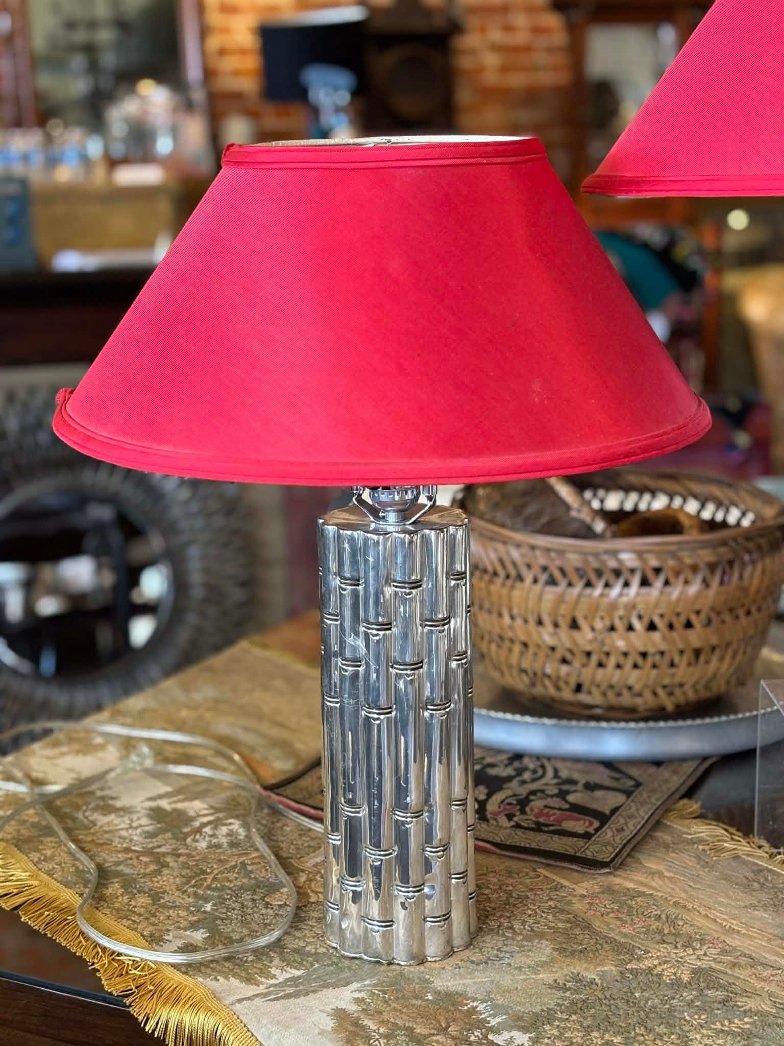1960s Chrome Faux Bamboo Hollywood Regency Style Table Lamps With Red Shades - a Pair - 4