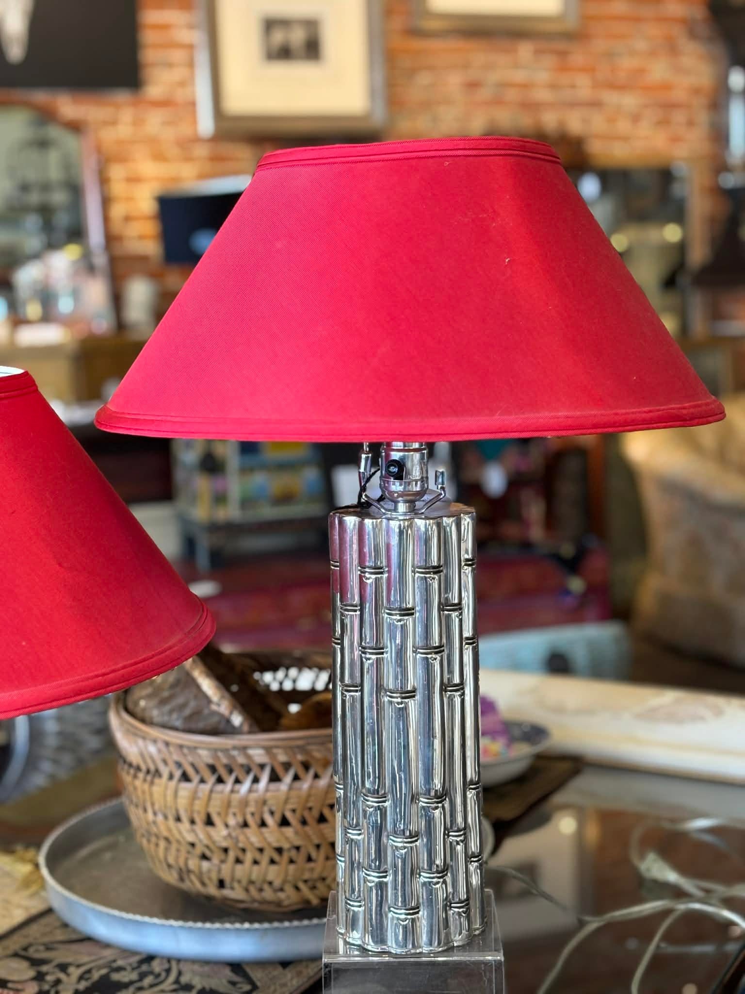 1960s Chrome Faux Bamboo Hollywood Regency Style Table Lamps With Red Shades - a Pair - 5