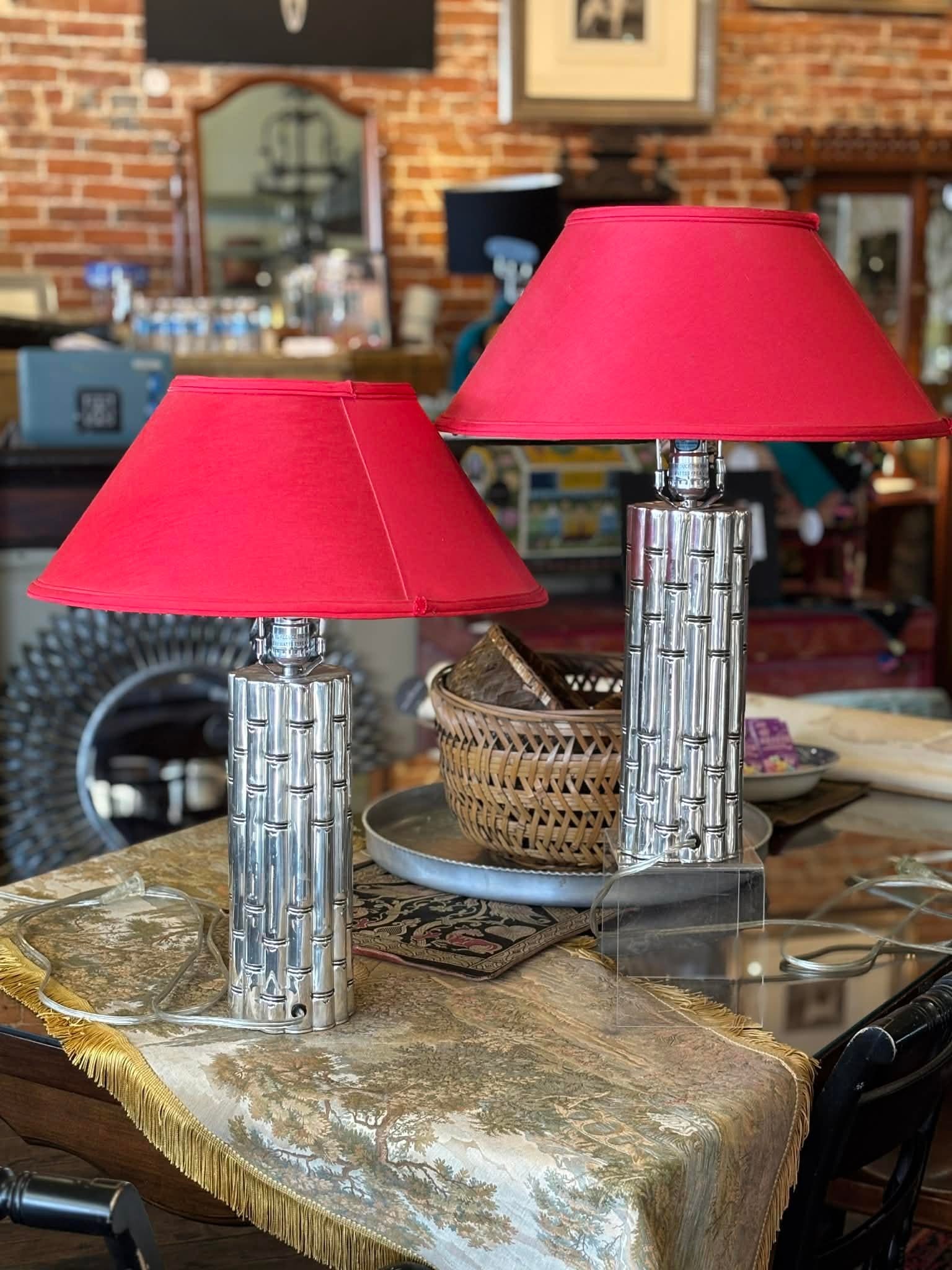 1960s Chrome Faux Bamboo Hollywood Regency Style Table Lamps With Red Shades - a Pair - 6