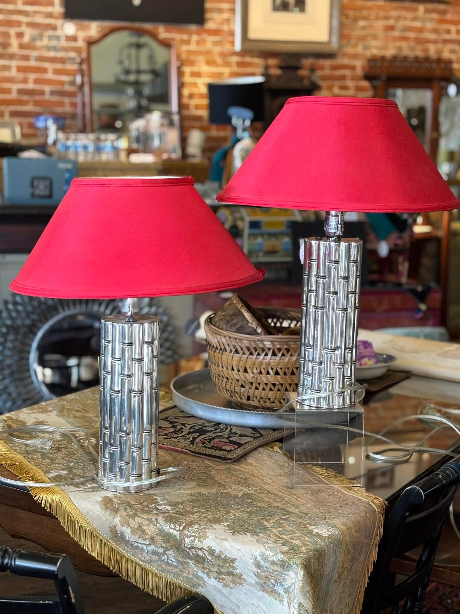 1960s Chrome Faux Bamboo Hollywood Regency Style Table Lamps With Red Shades - a Pair - 7