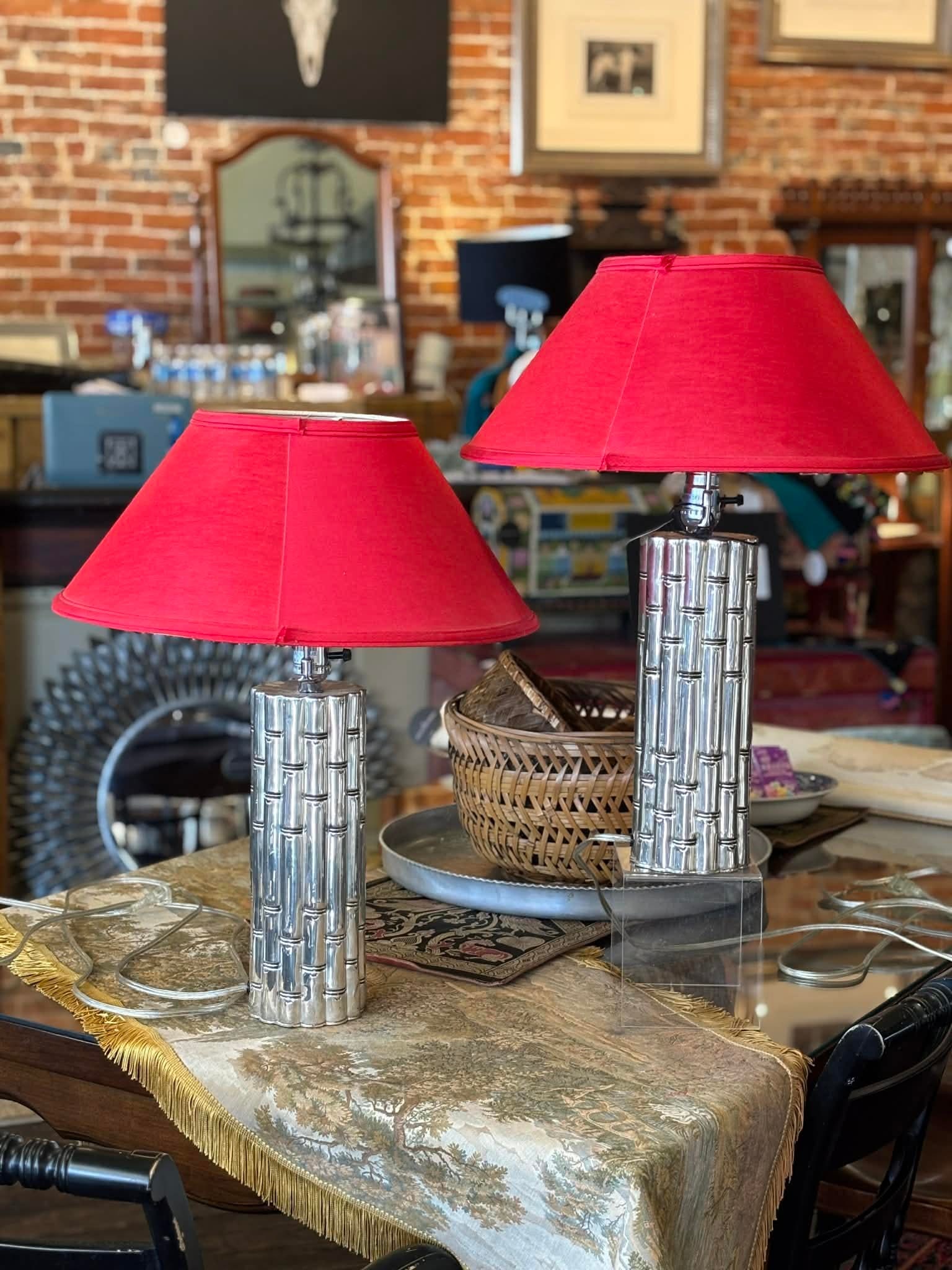 1960s Chrome Faux Bamboo Hollywood Regency Style Table Lamps With Red Shades - a Pair - 9