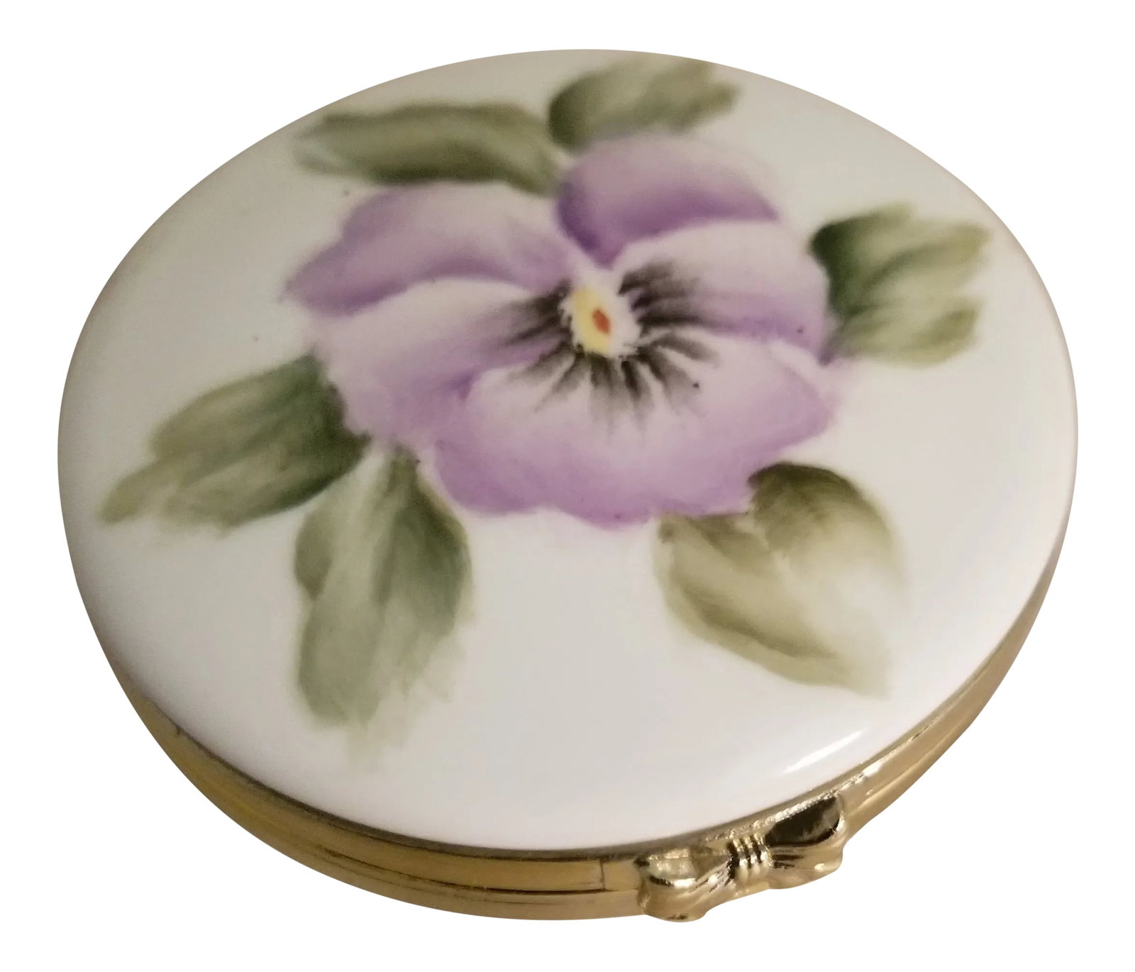 Vintage 1994-95 JPorcelain Pansy Trinket Box With Clasp Signed N. Klein: Vintage Jewelry Box Porcelain Purple Pansy Trinket Box with a metal clasp. Condition: Alterations: Original Condition Unaltered Imperfections: Some Imperfections Condition Notes: No real imperfections