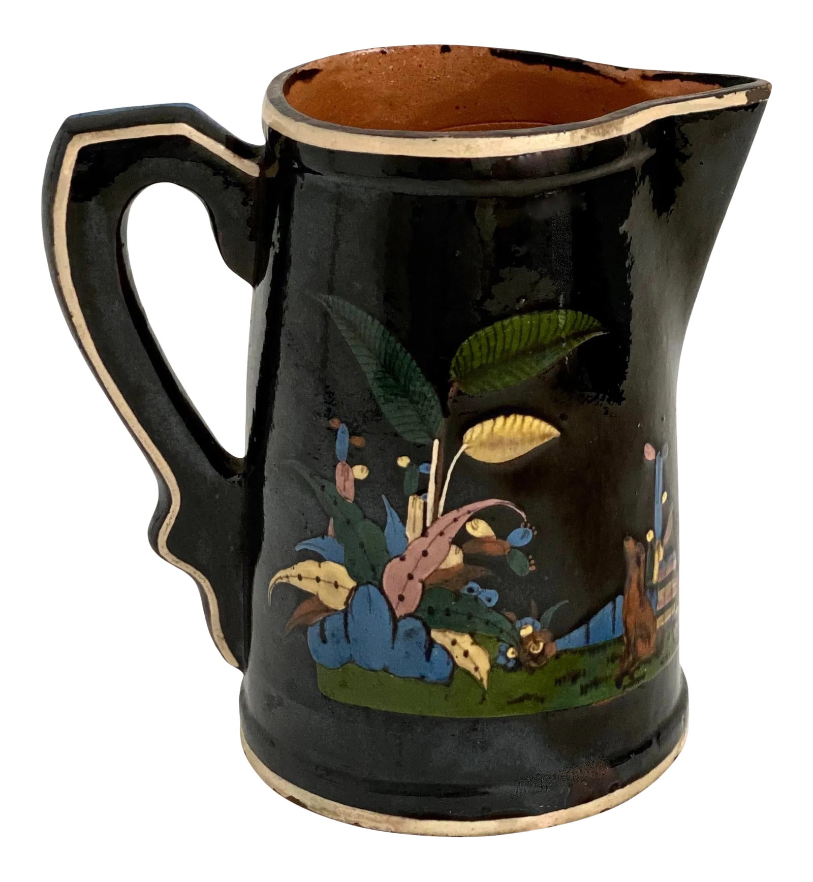 1940s Hand-Painted Tlaquepaque Black Pitcher: In the world of old Mexican pottery, black Tlaquepaque is among the most collected because it is much more uncommon than other base glaze colors. This 1940s hand-painted piece has exceptional colors
