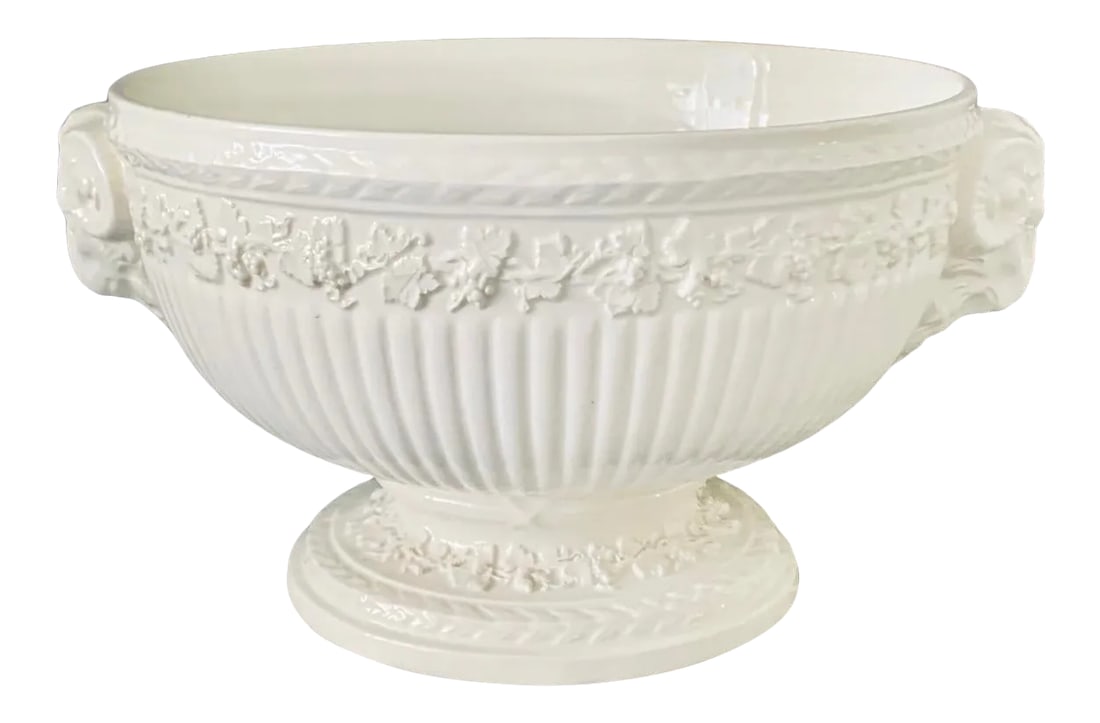 Wedgwood Queen's Ware Pedestal Bowl With Ram's Head Handles: Vintage circa late 1940s Wedgwood pedestal centerpiece bowl featuring elegant ram's head handles and refined embossed detailing. Produced in Embossed Queen's Ware and clearly marked on the base
