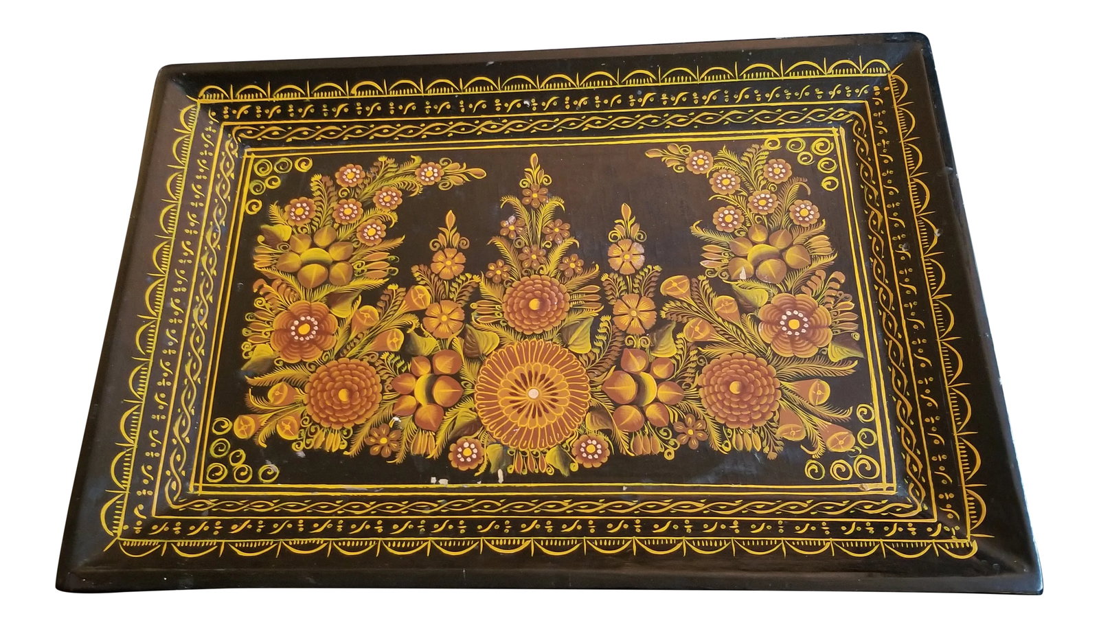 1970s Hand-Painted Tray: This lovely Russian tray measures approximately 15 x 18 and is a little more than a half an inch deep. This dates to the 1970s- and reminds me of some of the beautiful lacquered Russian pieces I've