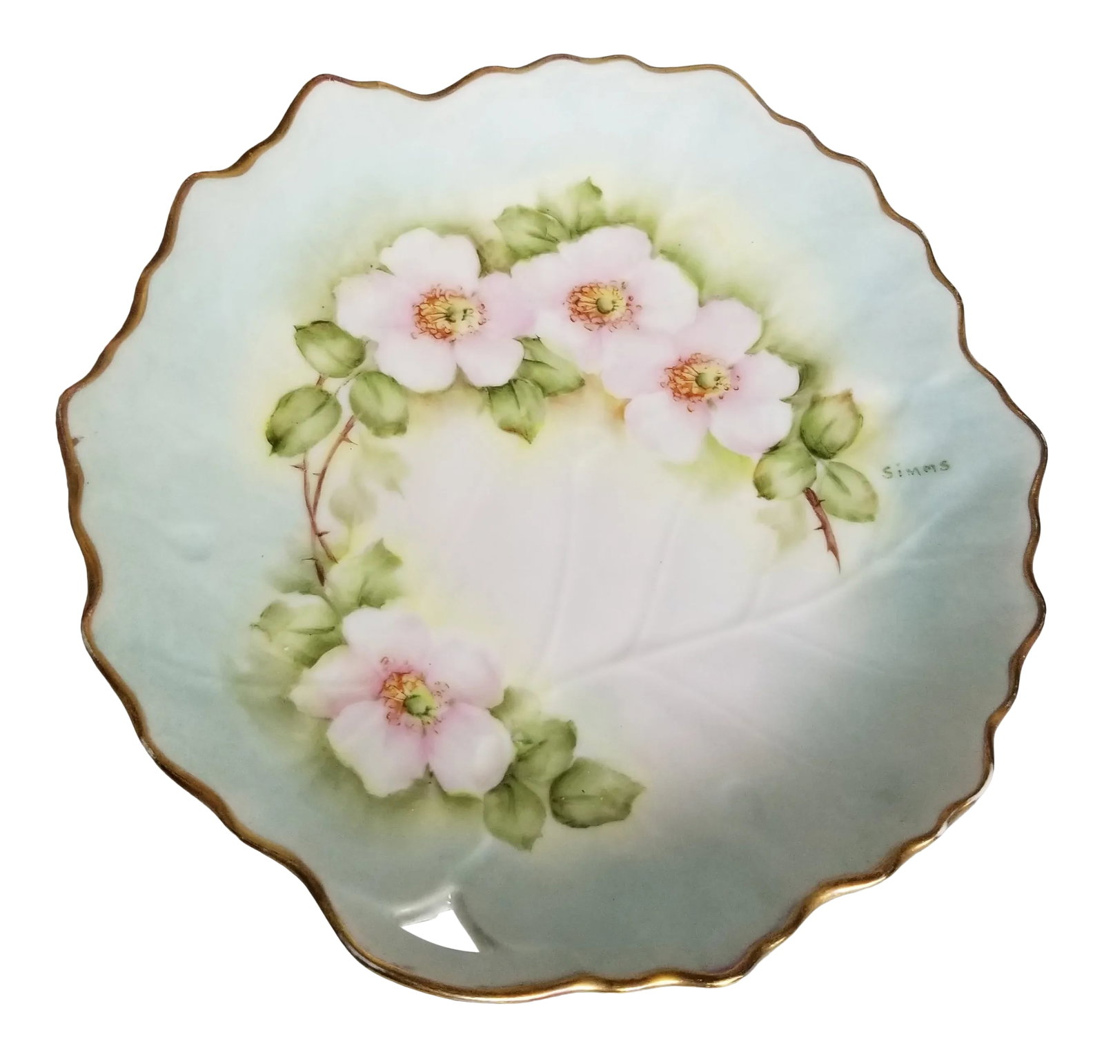 Vintage 1960s Limoges Hand Painted With Pink Flowers Gold Plate Signed by Simms: Vintage Limoges Signed by Simms. Its handpainted florals, gold trim and scalloped edges Condition: Alterations: Original Condition Unaltered Imperfections: Some Imperfections Condition Notes: No imper
