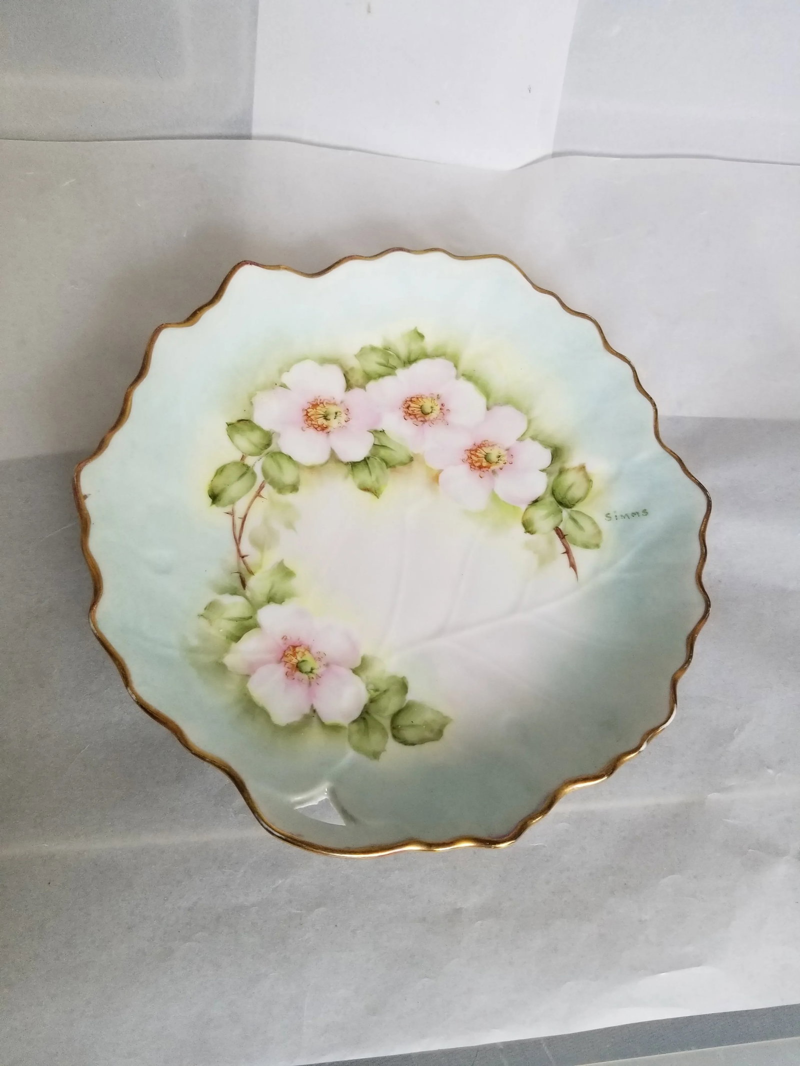 Vintage 1960s Limoges Hand Painted With Pink Flowers Gold Plate Signed by Simms - 5