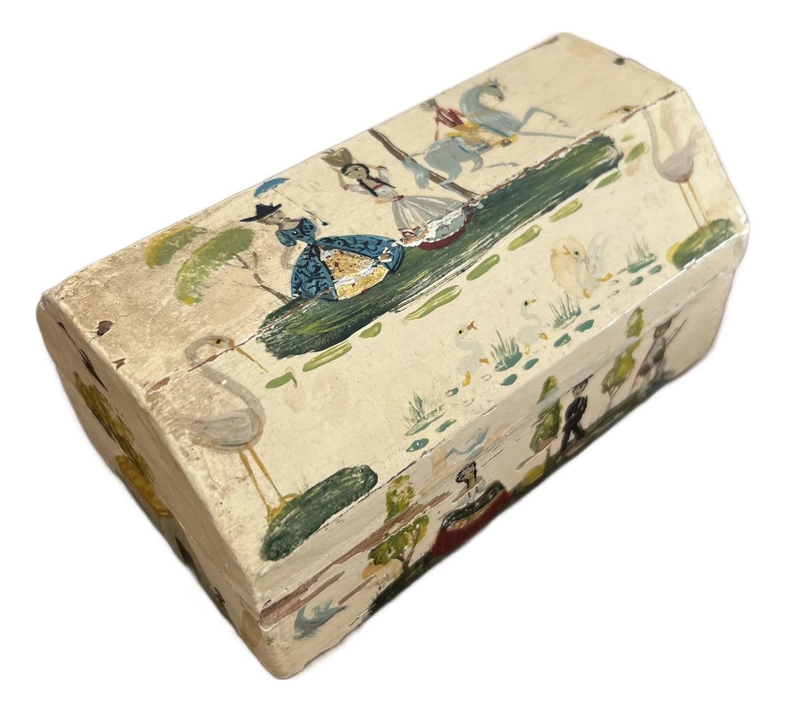 Vintage Artist Signed Salvador Corona Mexican Folk Art Box: vintage hand-painted Mexican folk art wood box created by artist Salvador Corona. characterized by colorful scenes of dancers, riders, and pastoral landscapes painted on a white background. These deco