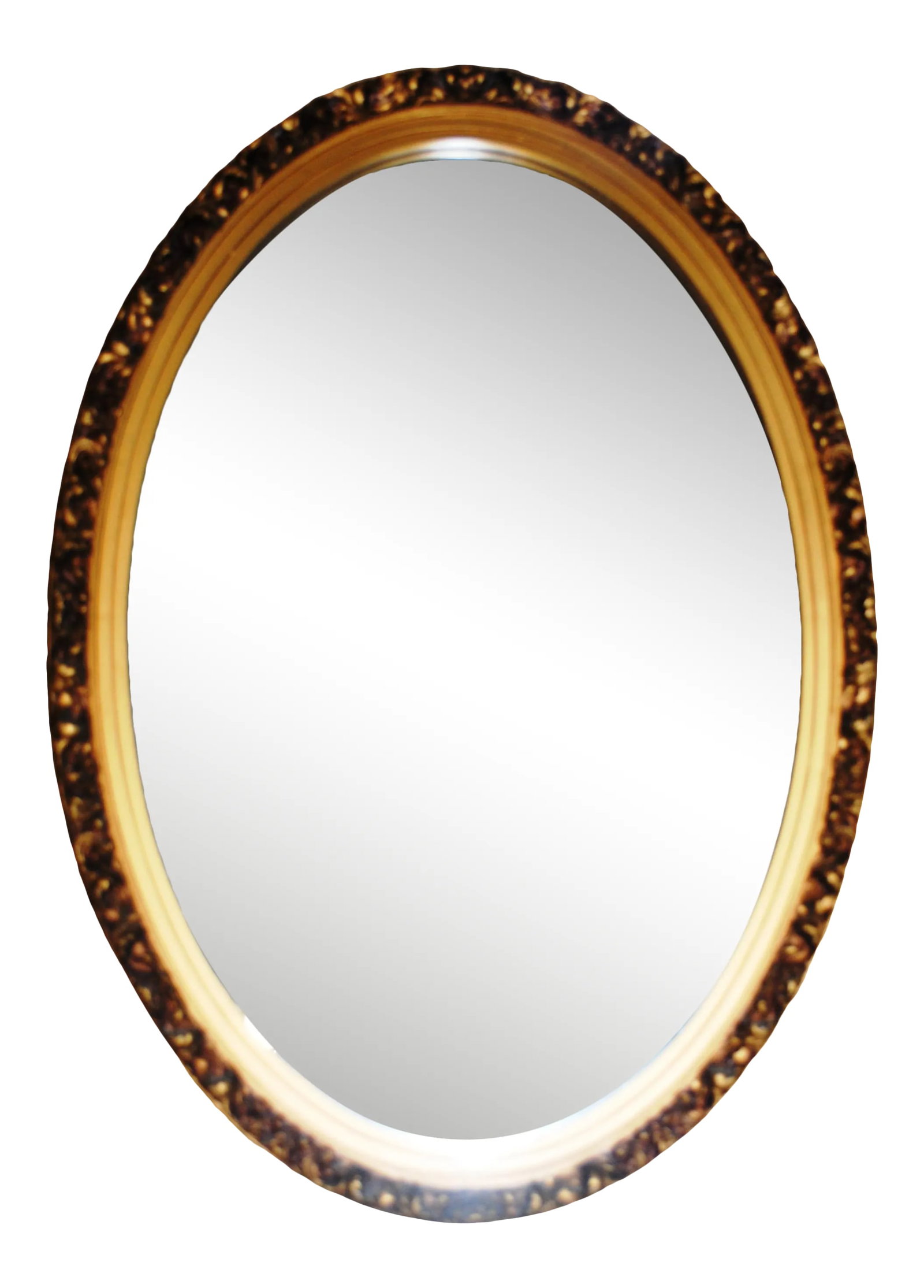 Vintage Hollywood Regency Style Gold Oval Mirror: Made to resemble gesso on wood, the frame is heavy plastic. It is manufactured by Nutone and is model 766. It is antiqued gold colored and has beautiful design. The mirror can be oriented vertically