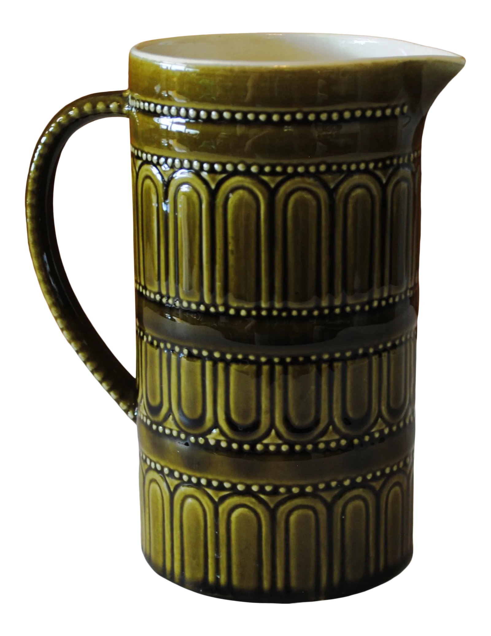 Mid-Century Secla Green Ceramic Pitcher: Mid Century Green Ceramic Pitcher by Secla Portugal. Nice mid-century color and unique design. Condition: Alterations: Original Condition Unaltered Imperfections: Some Imperfections Condition Notes:
