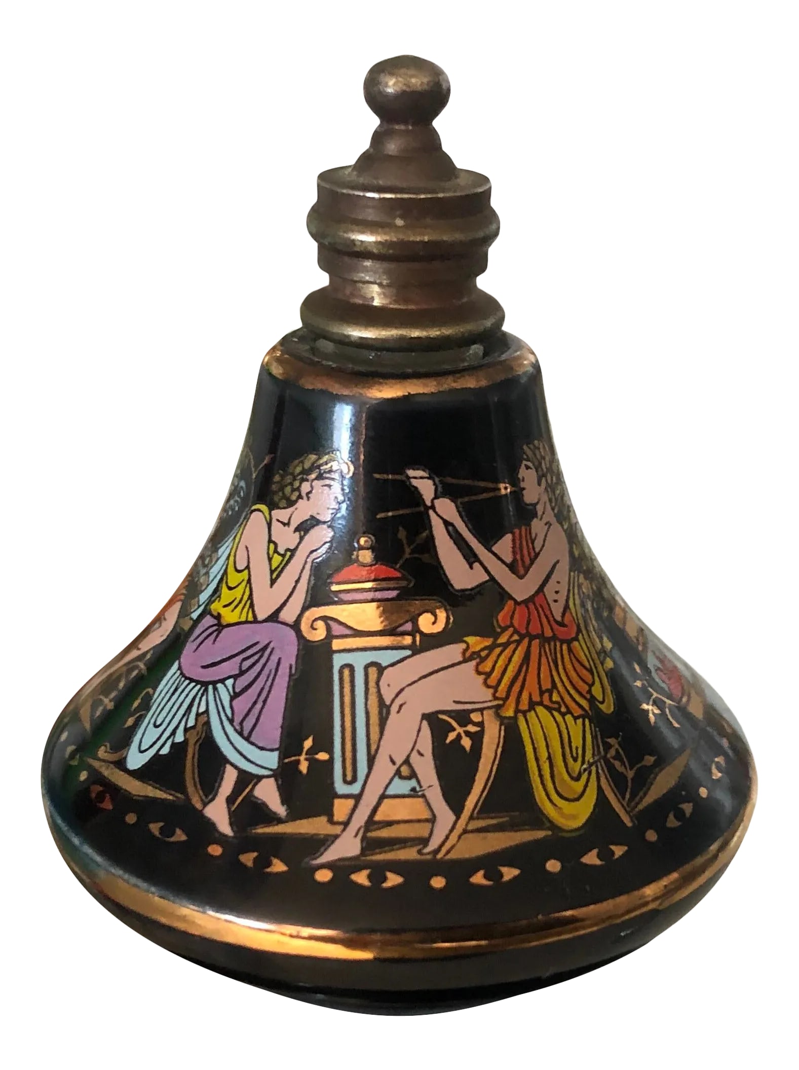 Lacque Perfume Bottle Depicting the Ancient Greek: CORRECTION TO SHIPPING TIME, THIS IS SELLER SHIPPING, ARRIVAL TIME IS 4-10 DAYS FROM PURCHASE DATE. Miniature Perfume Bottle with design of Greek People in raised lacquer finish on porcelain,