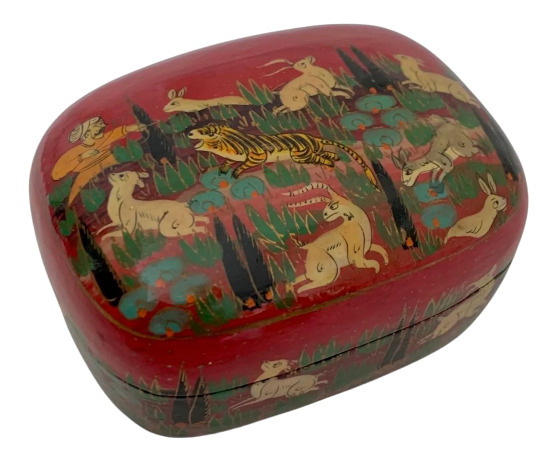 Vintage Hunter Tiger Kashmir Trinket Domed Box India Paper Mache Lacquer: A beautiful handcrafted traditional paper mache Kashmiri Indian trinket domed lidded box. Hand decorated hunting scene with tiger and wild animals. Beautiful deep red lacquered background. Excellent