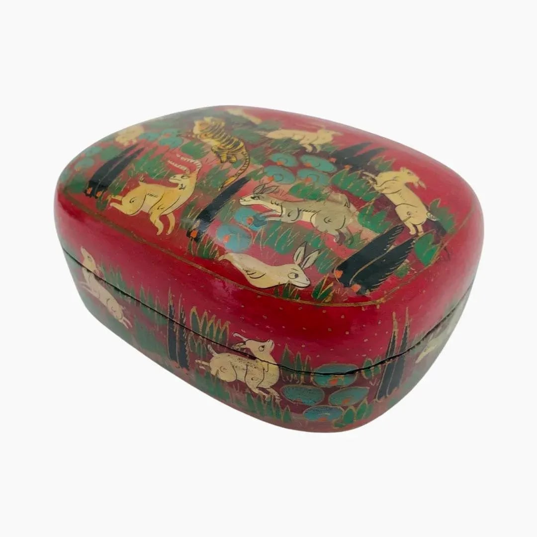 Vintage Hunter Tiger Kashmir Trinket Domed Box India Paper Mache Lacquer - 4