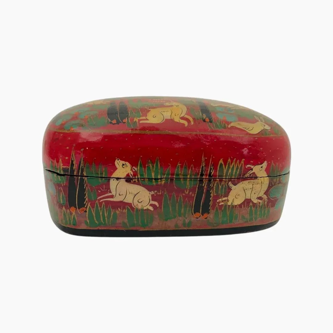 Vintage Hunter Tiger Kashmir Trinket Domed Box India Paper Mache Lacquer - 5