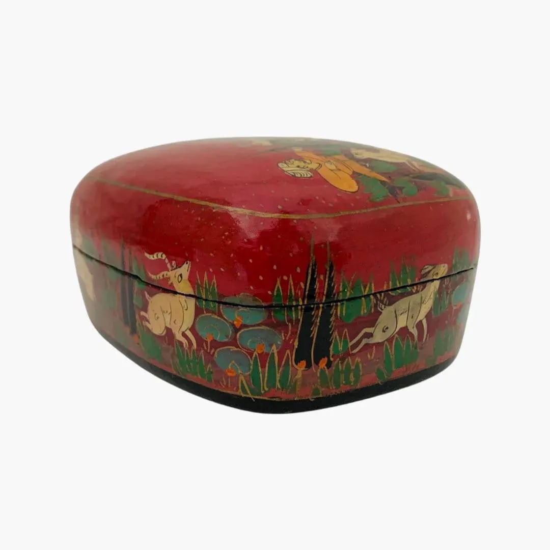 Vintage Hunter Tiger Kashmir Trinket Domed Box India Paper Mache Lacquer - 7