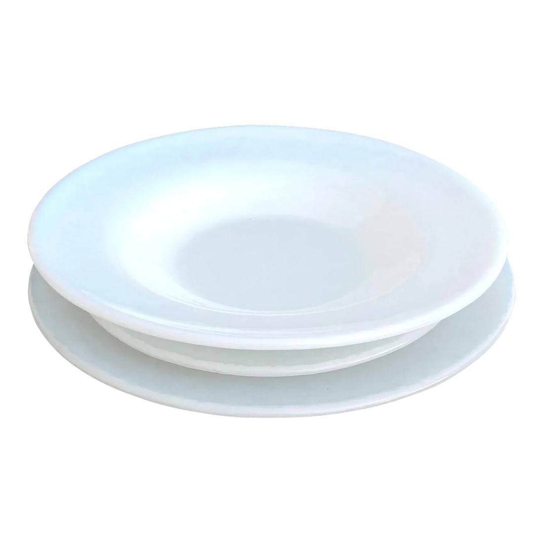 Opalescent Murano Effetre Dishes - Set of 9: Stunning set of white opalescent Murano Effetre dishes with that translucent quality including three dinner, three luncheon, and three rimmed soup bowls in what appears to be unused condition. Salad p
