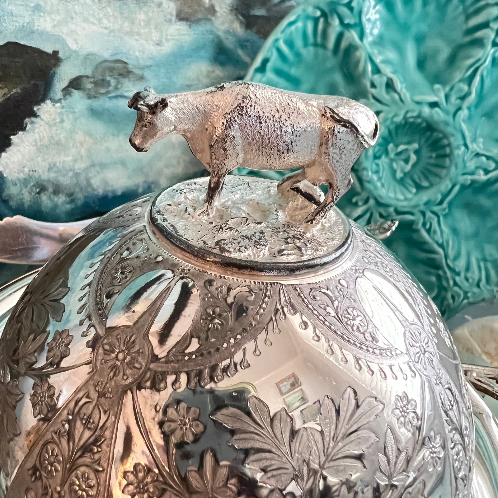 Antique Victorian Quadruple Silverplate Butter Cooler With Cow Finial and Butter Knife by Meriden Br - 2