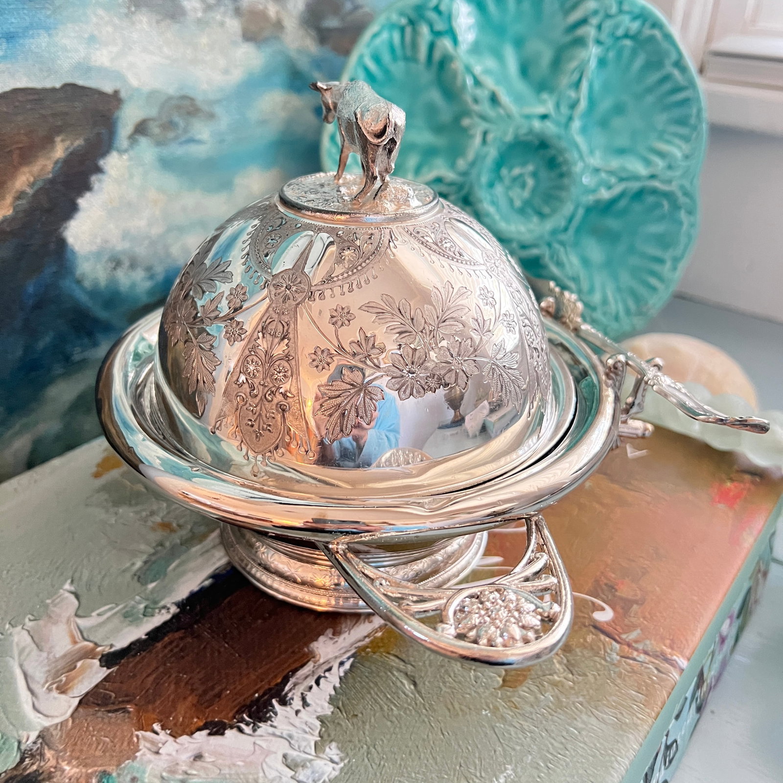 Antique Victorian Quadruple Silverplate Butter Cooler With Cow Finial and Butter Knife by Meriden Br - 4