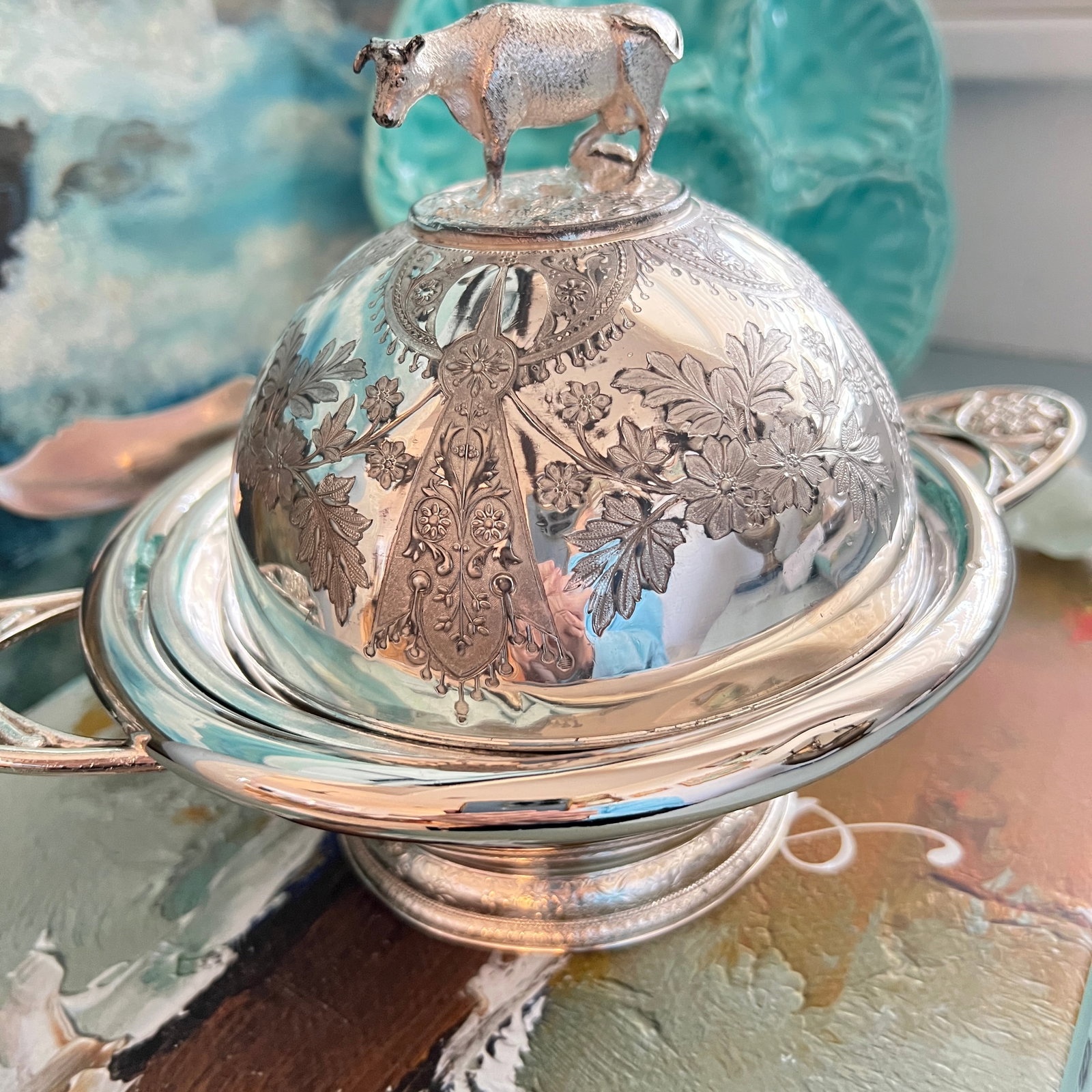 Antique Victorian Quadruple Silverplate Butter Cooler With Cow Finial and Butter Knife by Meriden Br - 6
