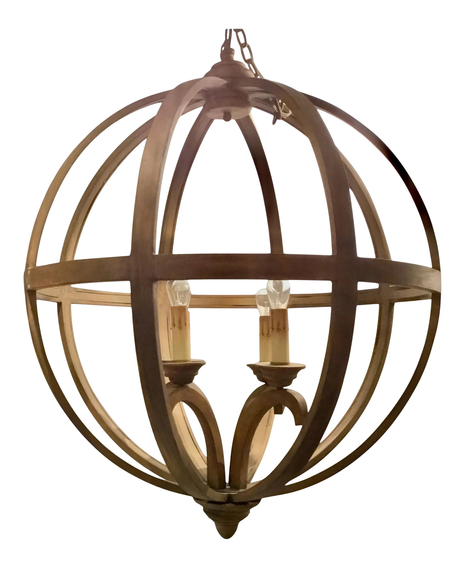 Currey & Co. Organic Modern Large Axel Orb Wood Chandelier: Original Retail $2470, stylish Currey & Co. Organic Modern Large Axel Orb Wood Chandelier, four lights, showroom floor Sample Condition: Imperfections: Some Imperfections Condition Notes: Showroom