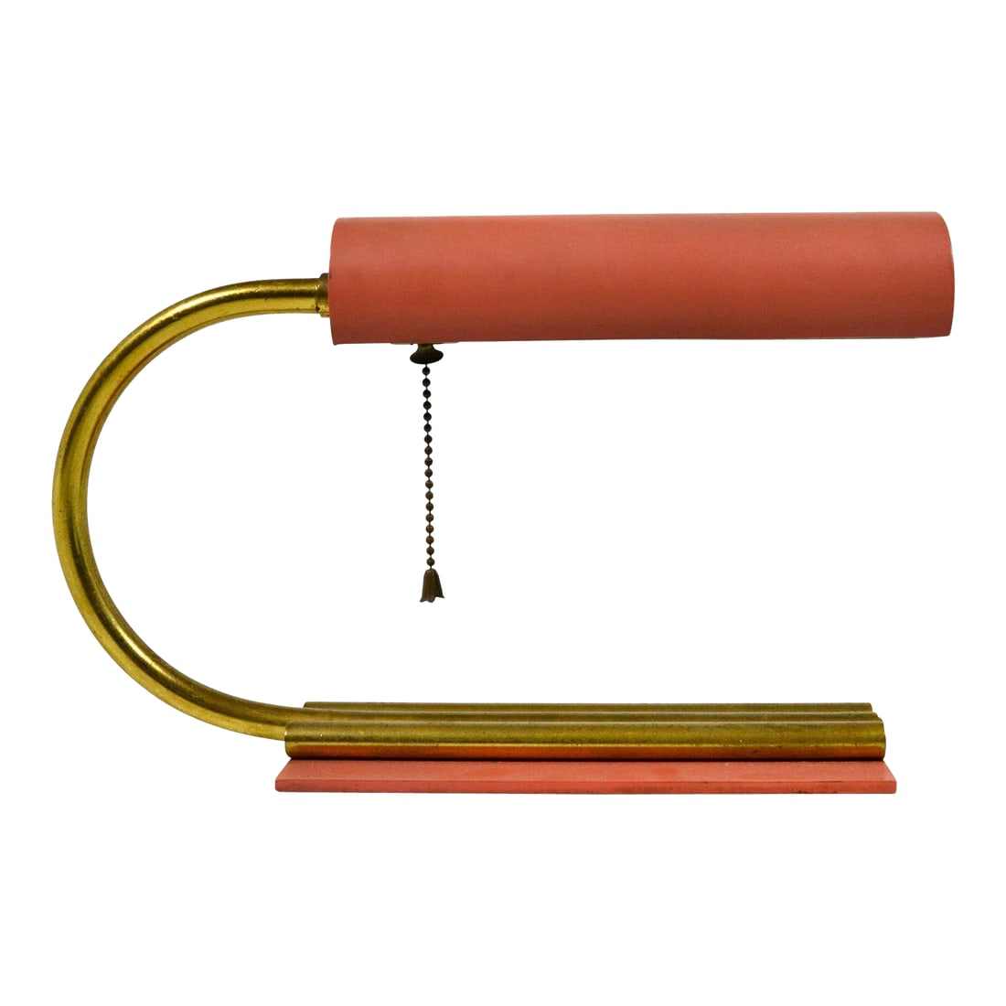 Gilbert Rohde Style Midcentury Desk Lamp: This elegant little desk lamp has an early midcentury or streamline moderne aesthetic in the manner of Gilbert Rohde. The C-shaped curved brass neck connects the rotating cylindrical head to the base 