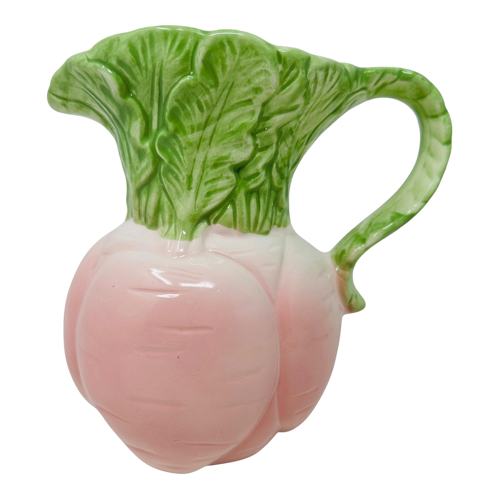 Vintage Majolica-Style Pink Radish Pitcher by Plus One Gifts: Bring a touch of whimsical garden charm to your tablescape with this vintage figural radish pitcher. Crafted in the late 20th century, this piece captures the playful "Vegetable Garden" aesthetic that