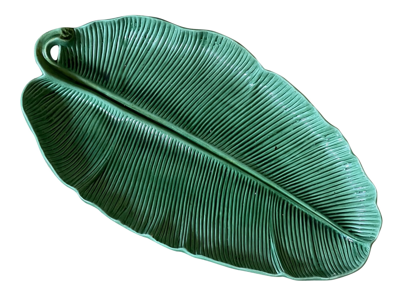 Late 20th Century Large Majolica Banana Leaf Platter: Channeling the Beverly Hills Hotel...Serve your h'orsdervs by the pool on this beautiful banana leaf majolica platter. Condition: Alterations: Original Condition Unaltered Imperfections: Some