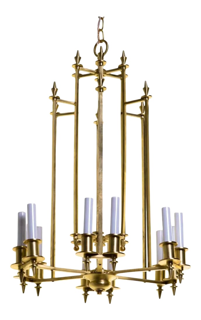 Vintage Twelve-Light Brass Skyscraper Chandelier: Twelve-Light brass skyscraper style chandelier with satin brass finished and turned finial details. Condition: Alterations: Restored Imperfections: Some Imperfections Condition Notes: -This item is