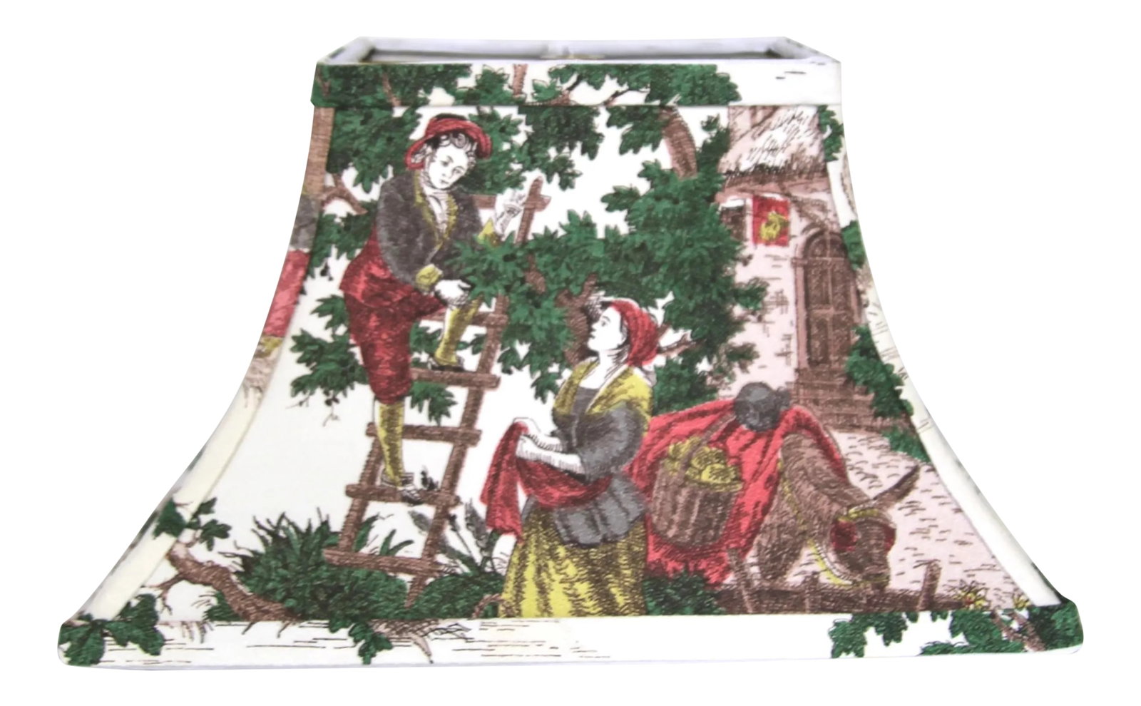 Lamp Shade With Toile Barkcloth: Newly made curved lamp shade covered in vintage barkcloth. Front scene is apple picking, while one side is fisherman and other is couple at the well. Top of shade measures 6.5"w x 4.25"d; bottom of