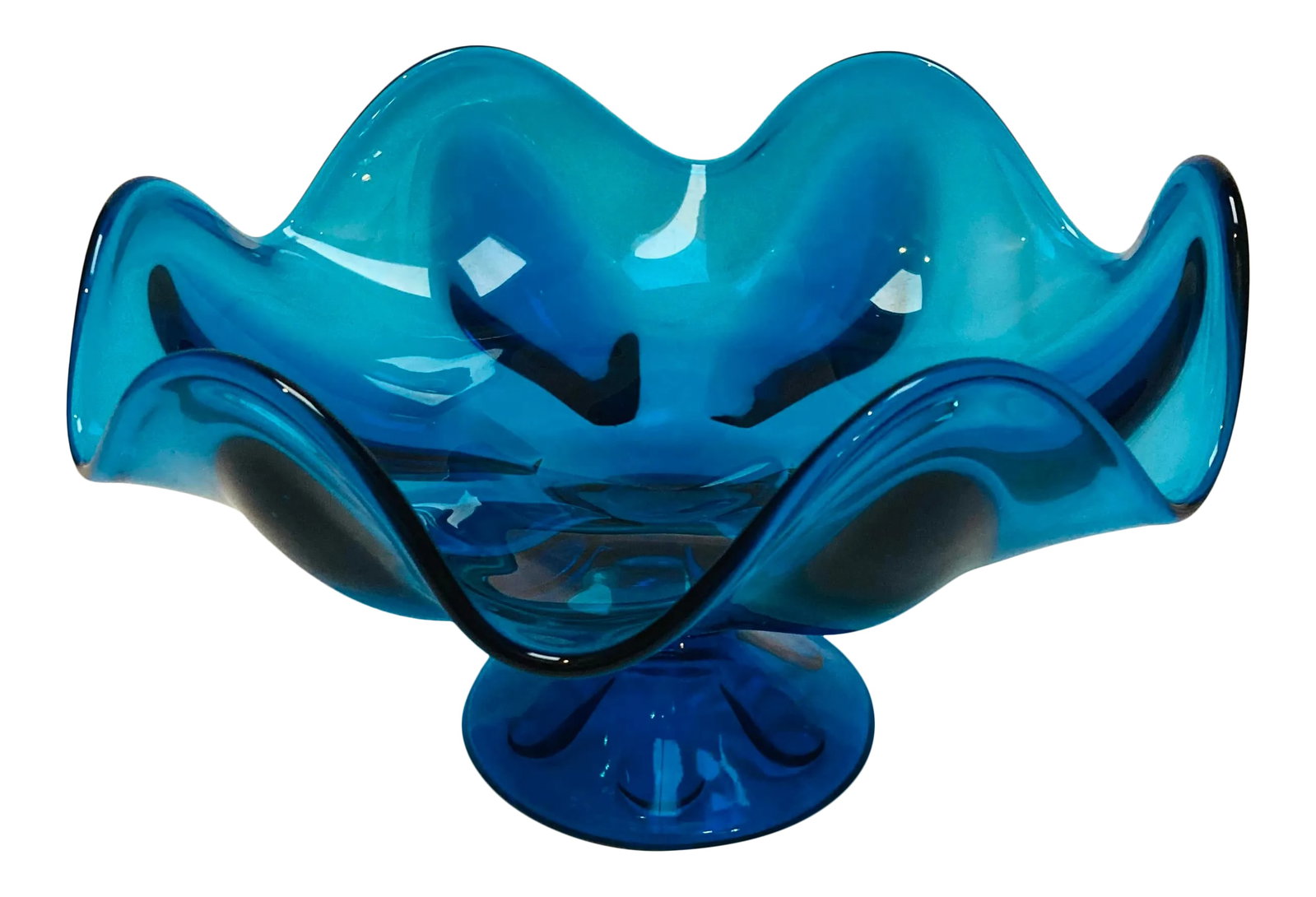 Vintage 1960s Viking Bluenique Epic Compote 6 Patel Bowl: Beautiful vintage blue bluenique Viking epic compote bowl Patel. This bright blue with 6 patels. It is 9" w x 5.5 h. Condition: Alterations: Original Condition Unaltered Imperfections: Some