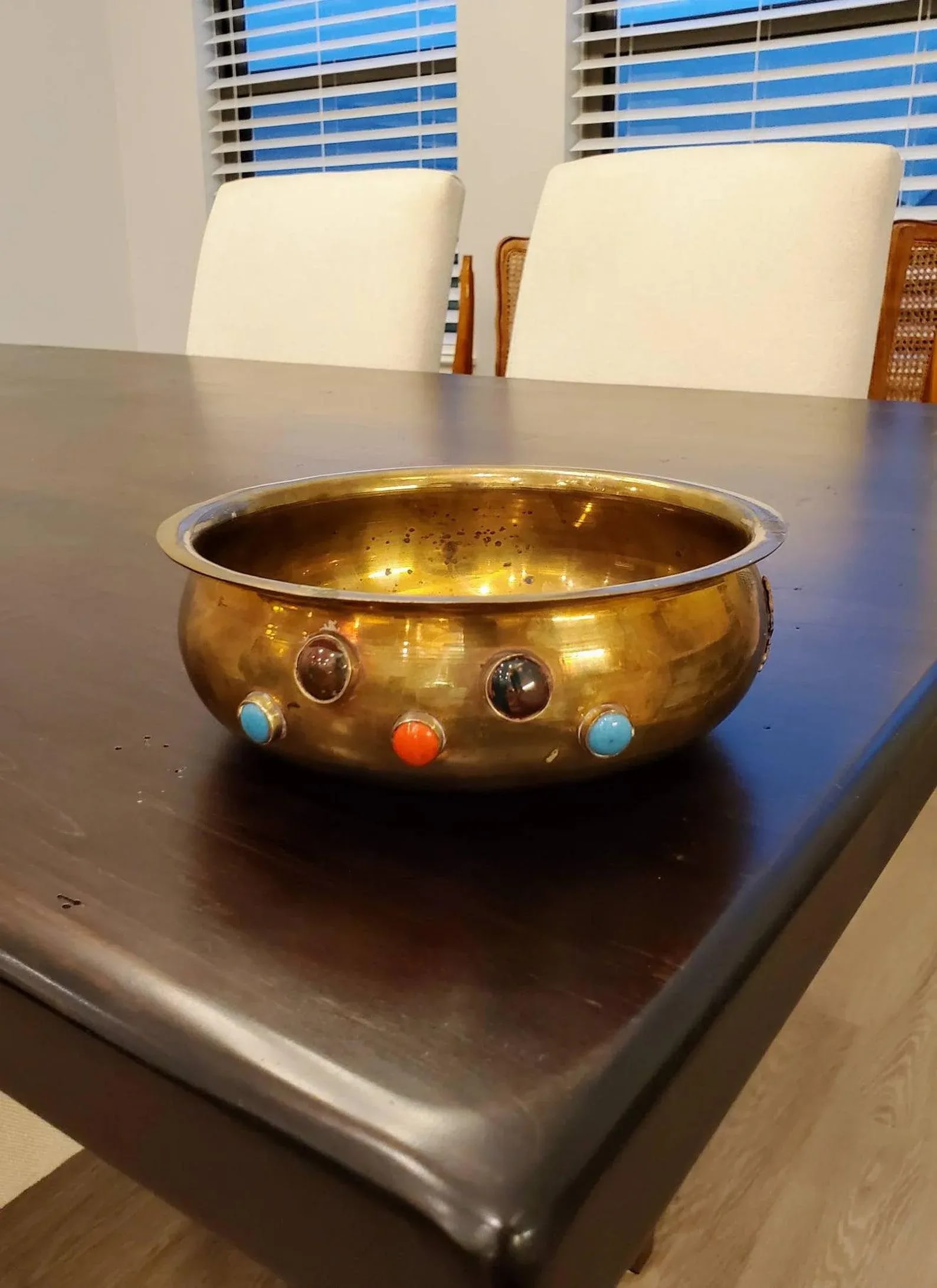 Antique Himalayan Indian Agate Gemstone Cabochon Encrusted Brass Ritual Bowl - 11