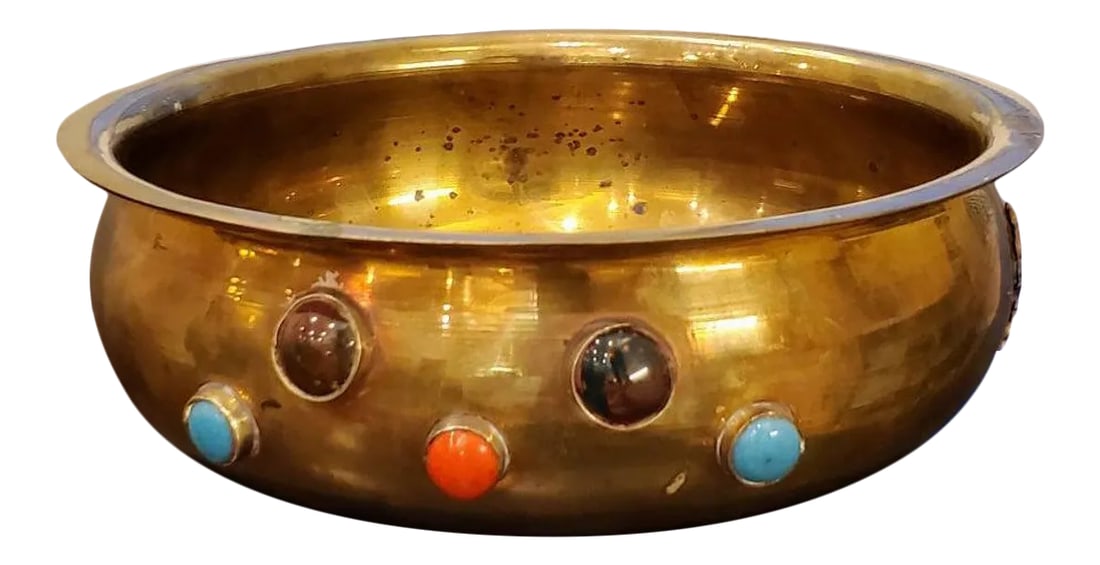 Antique Himalayan Indian Agate Gemstone Cabochon Encrusted Brass Ritual Bowl: An authentic antique Himalayan cabochon gem encrusted brass ritual bowl. 19th century, originating in the Himalaya region of India, similar examples can be found throughout the Himalaya mountain regio