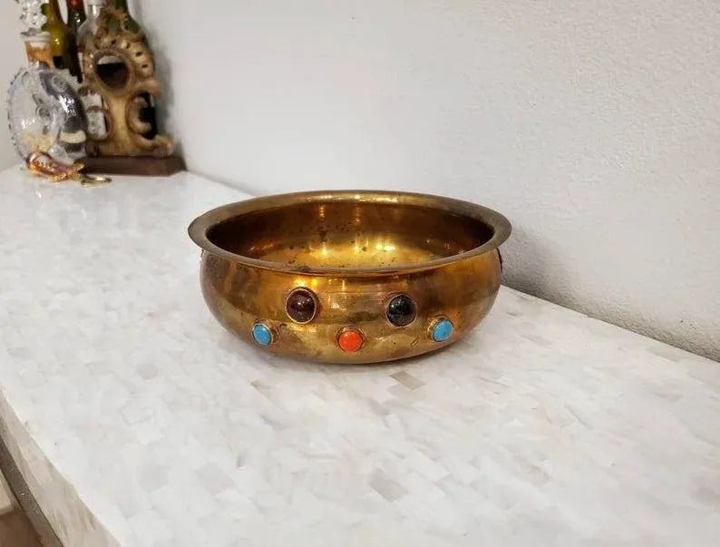 Antique Himalayan Indian Agate Gemstone Cabochon Encrusted Brass Ritual Bowl - 2
