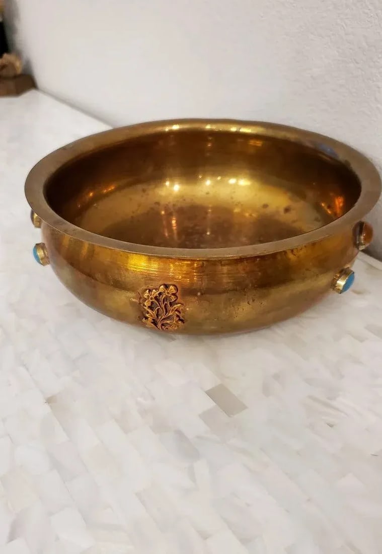 Antique Himalayan Indian Agate Gemstone Cabochon Encrusted Brass Ritual Bowl - 3